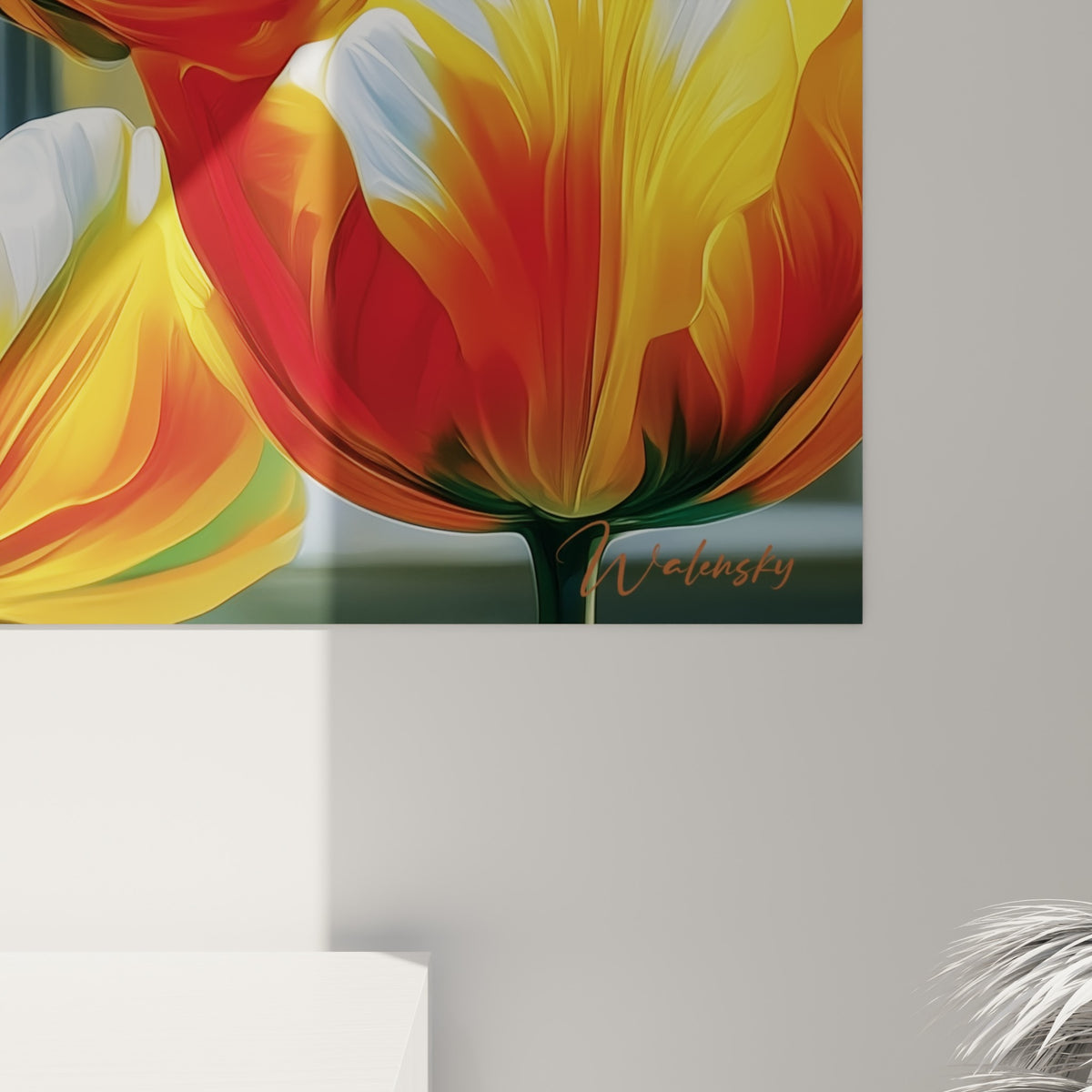 Pétales de tulipe où le bleu marine et l'orangé se fondent avec un grain pictural délicat