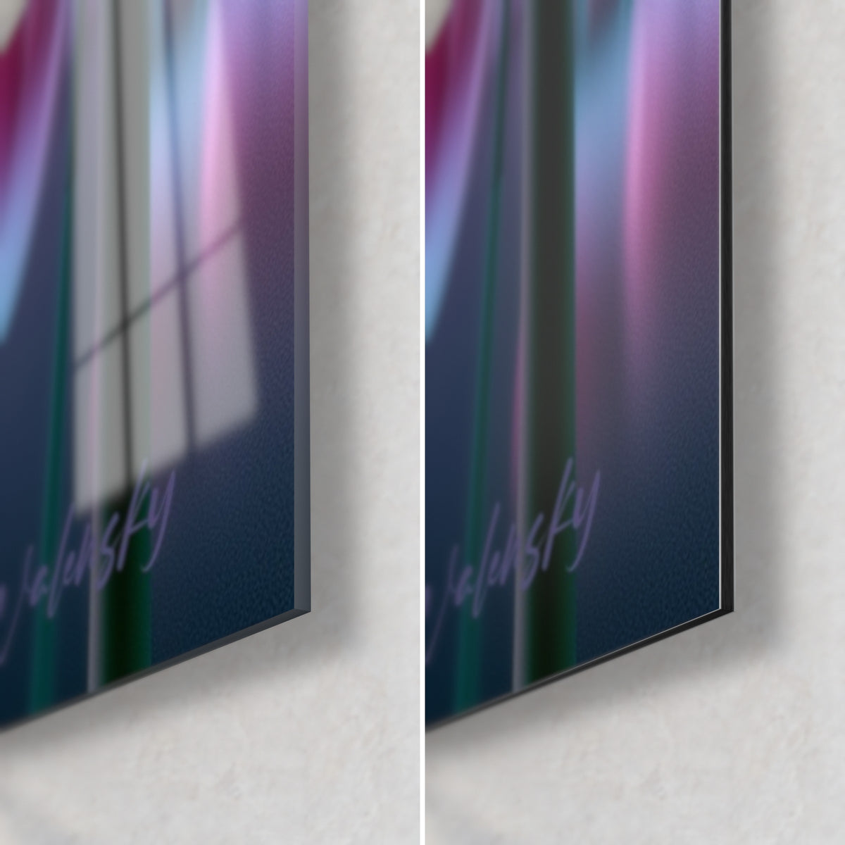 Wall art pink and turquoise tulip, bottom-right corner in glossy glass and matte Dibond, 3 mm edge and Walensky signature