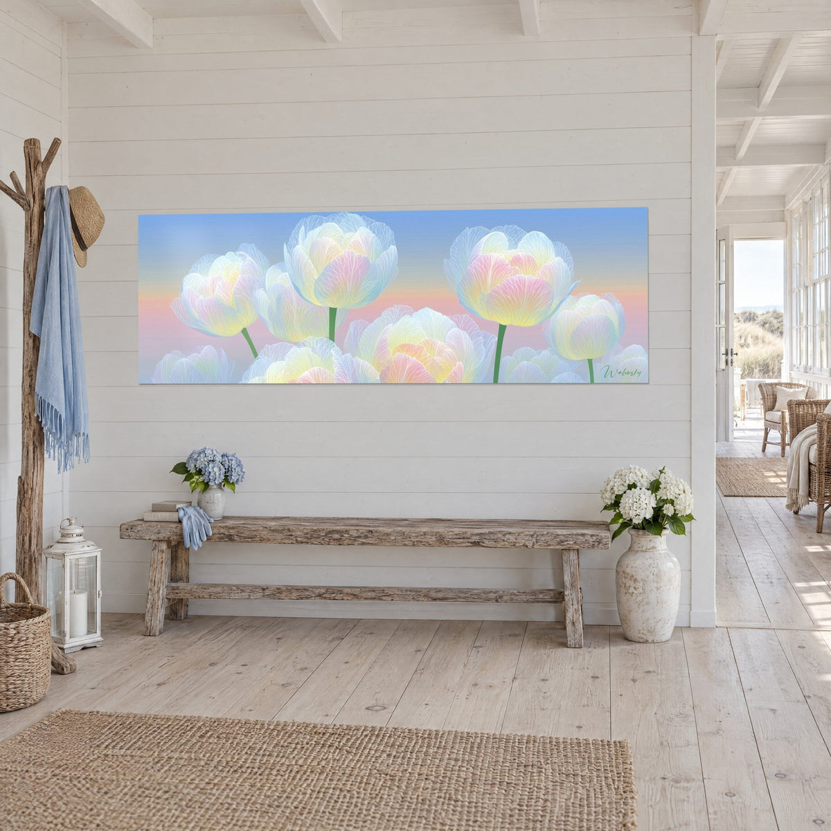 Wall art with a bouquet of diaphanous flowers in a gradient of blue, pink and yellow, three-quarter view on a white slatted wall