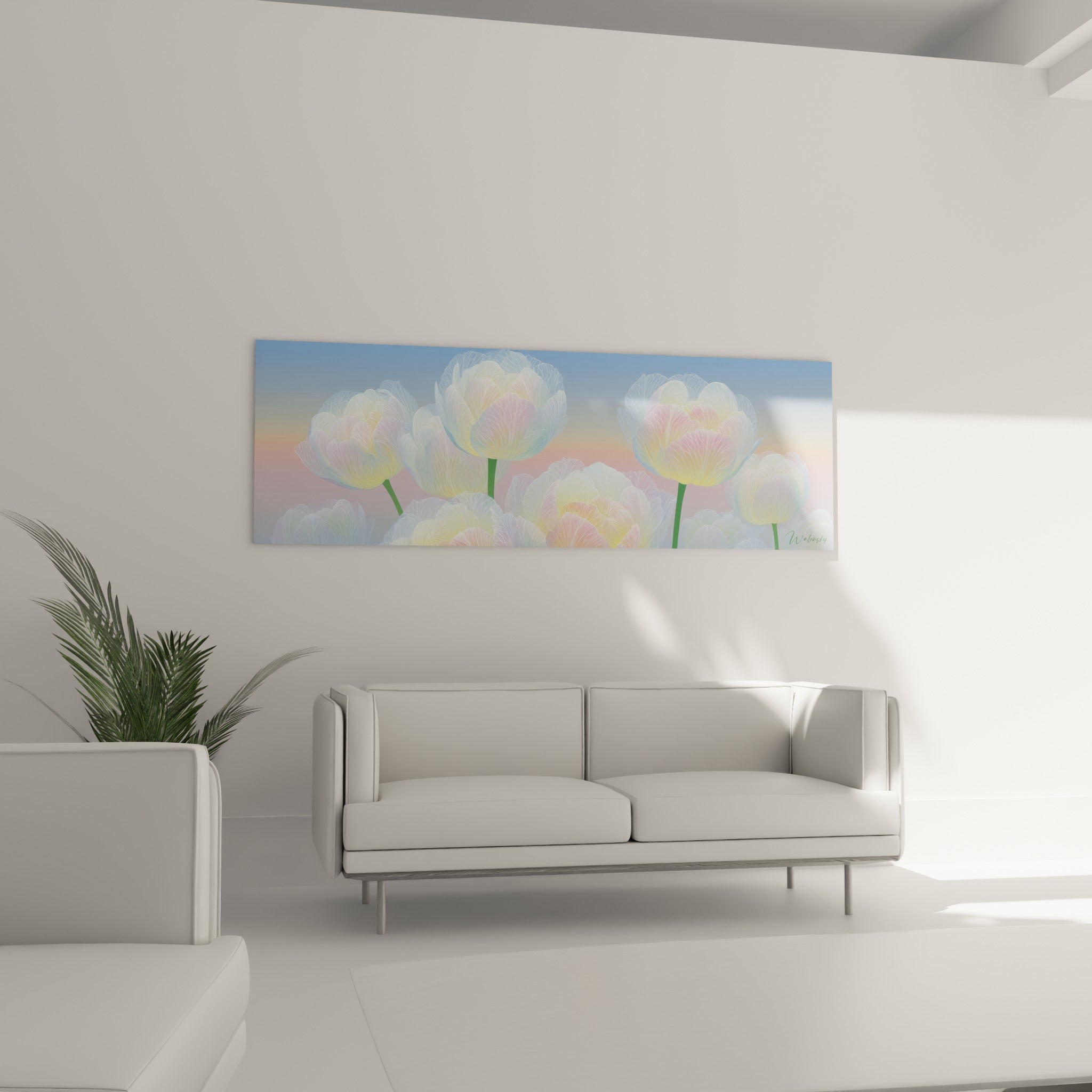 Fleurs de tulipe blanches et roses aux nervures fines, au-dessus d'un canapé dans un salon lumineux