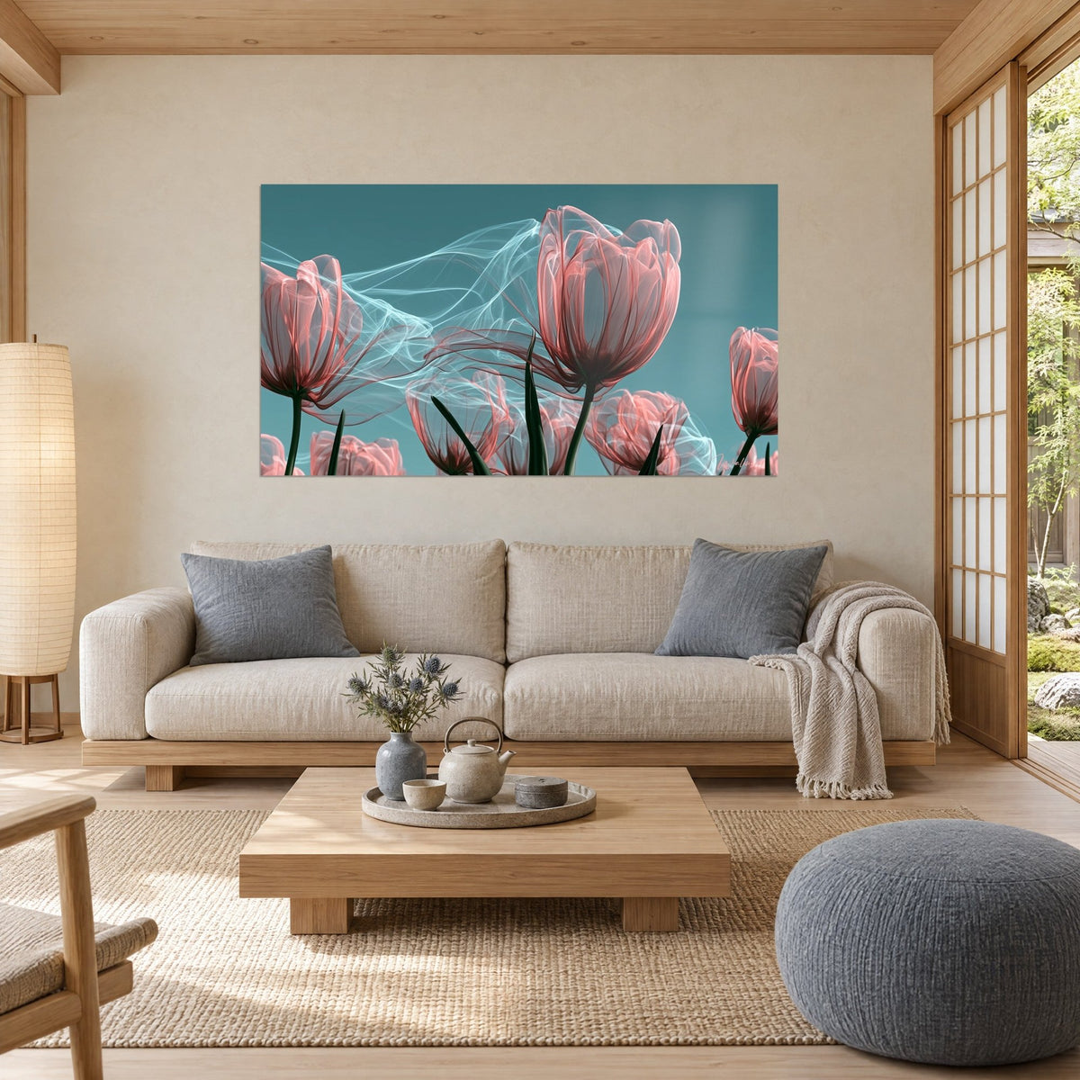 Wall art Translucent coral-pink tulips on a turquoise background, wispy white swirls, above a sofa in a bright living room