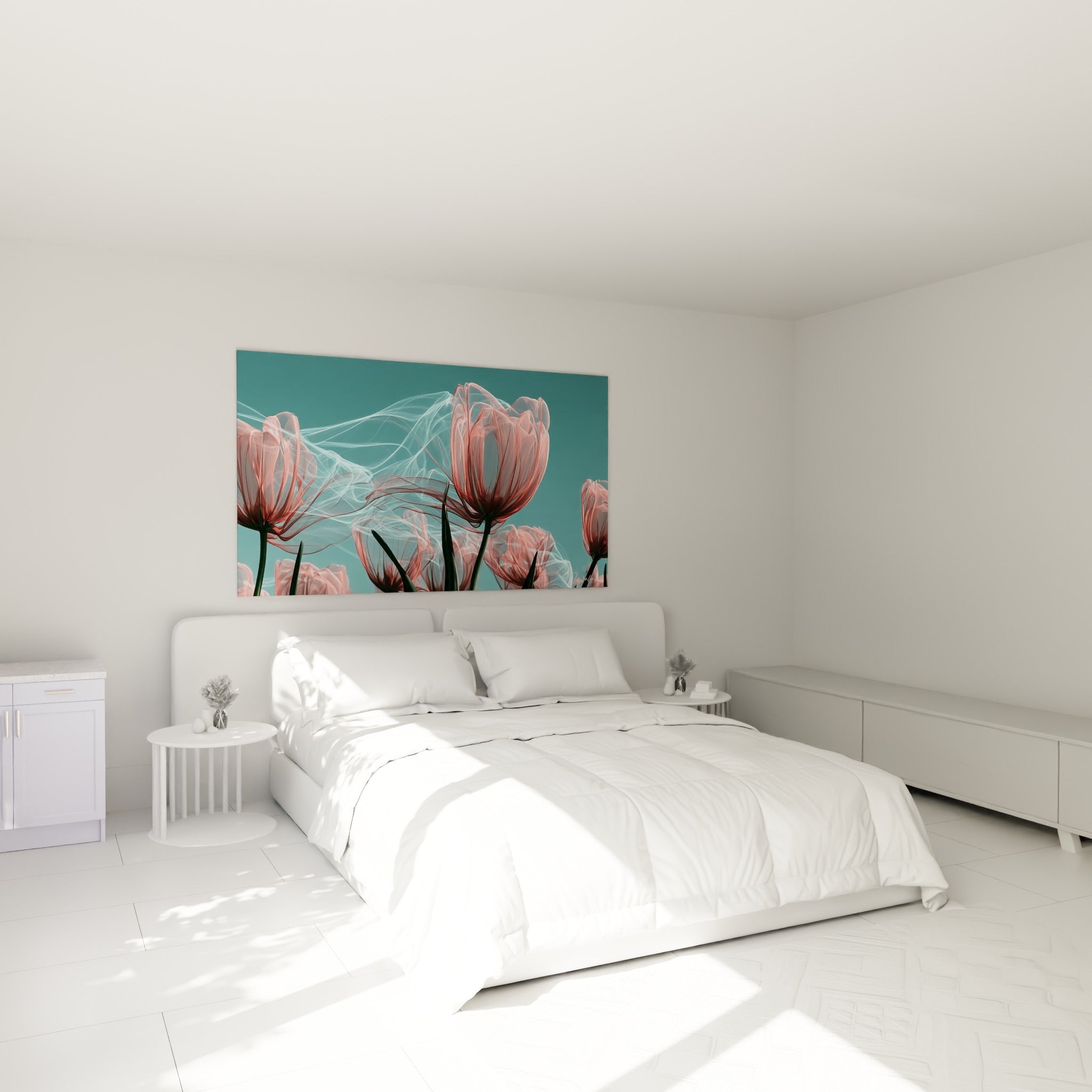 Pétales roses vaporeux et volutes bleu pâle de ces tulipes au-dessus d'un lit dans une chambre claire