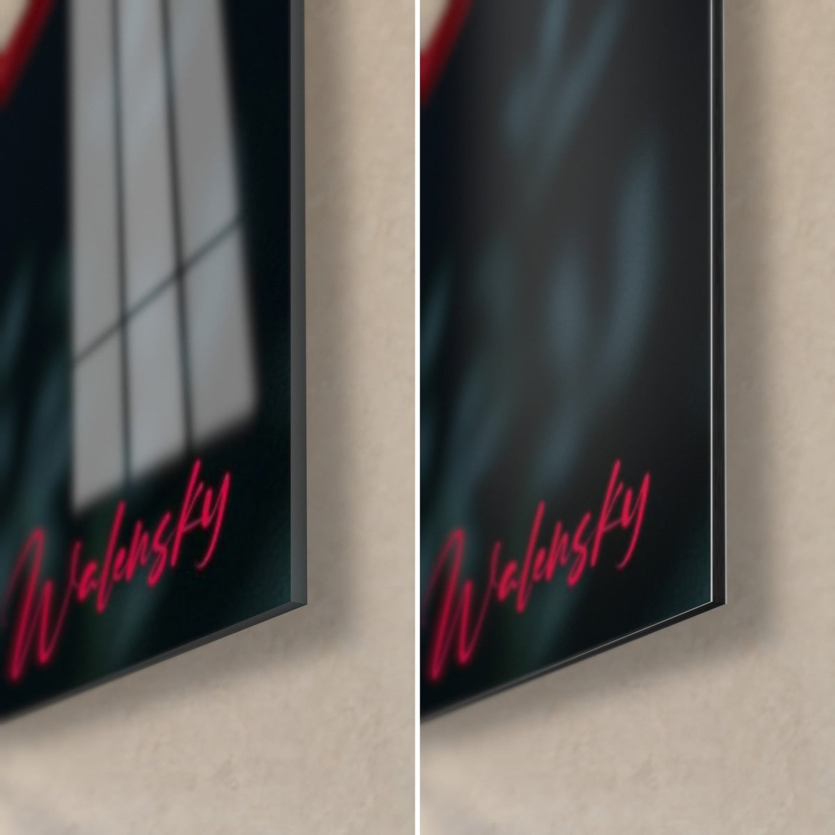 Wall art coral pink tulips on black background, bottom right corner: glossy glass with reflections, matte Dibond, 3 mm edge
