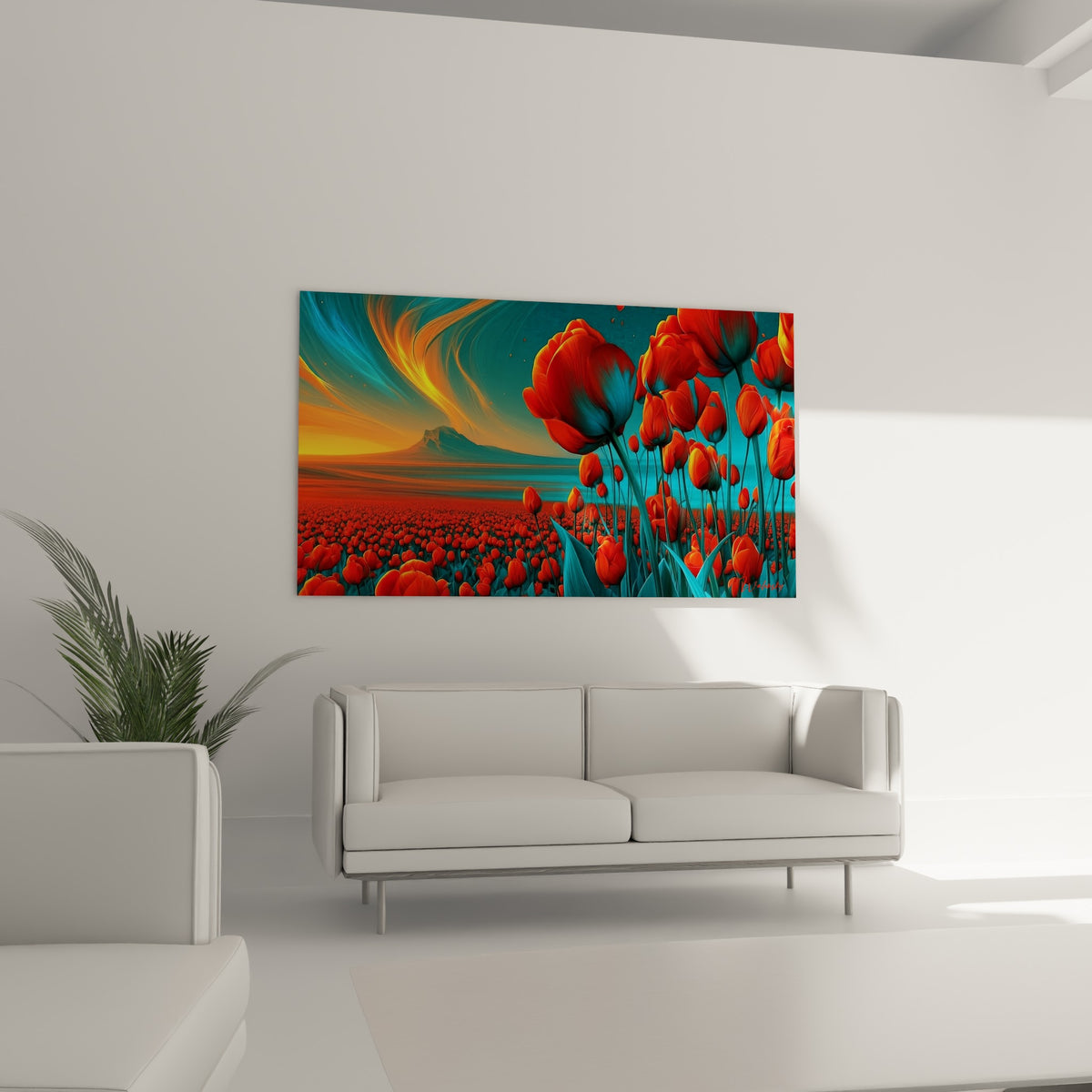 Pétales rouges veinés de bleu se déployant vers un horizon montagneux, au-dessus d'un canapé dans un salon lumineux