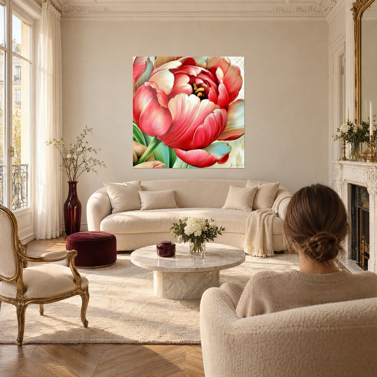 Cuadro tulipán rosa y coral con pétalos ribeteados de marfil y corazón dorado, sobre un sofá en un salón luminoso