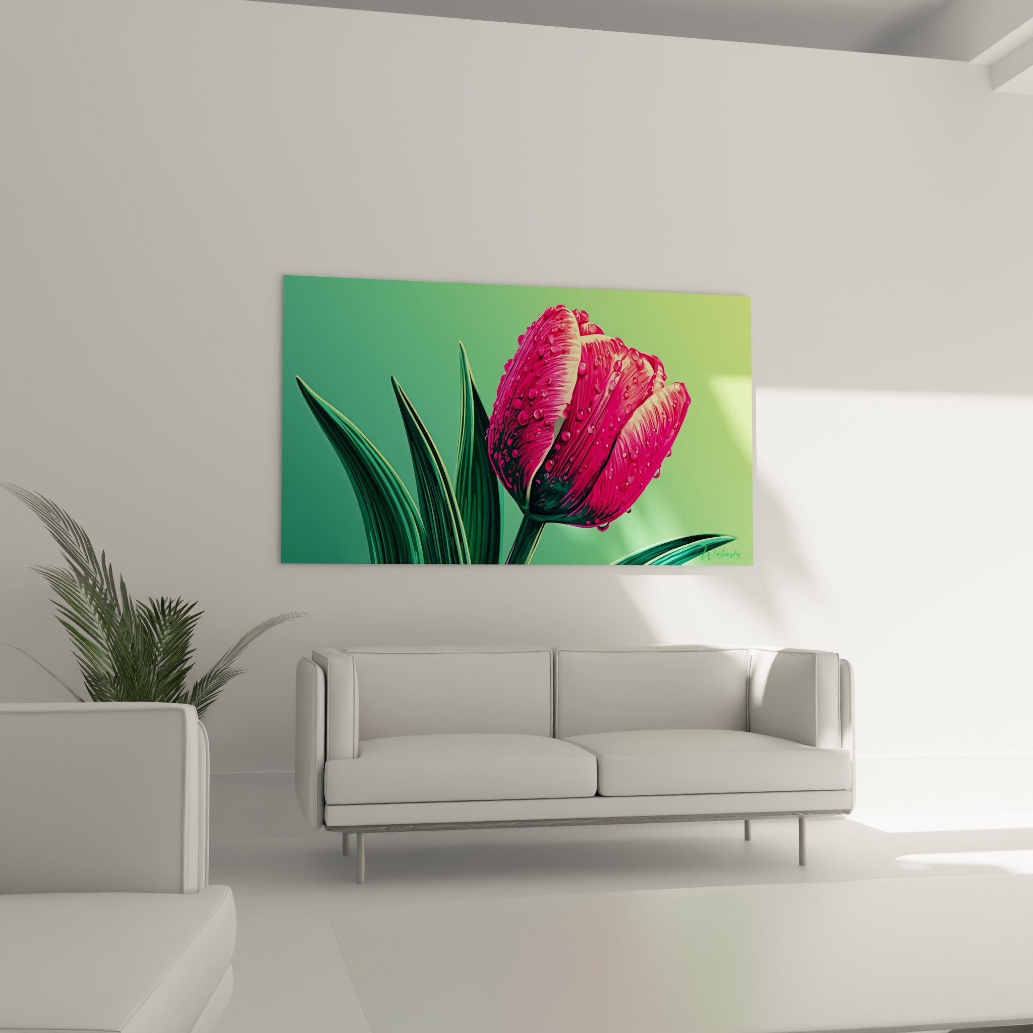 Fleur rose et verte aux nervures fines d'une tulipe accrochée au-dessus d'un canapé dans un salon lumineux