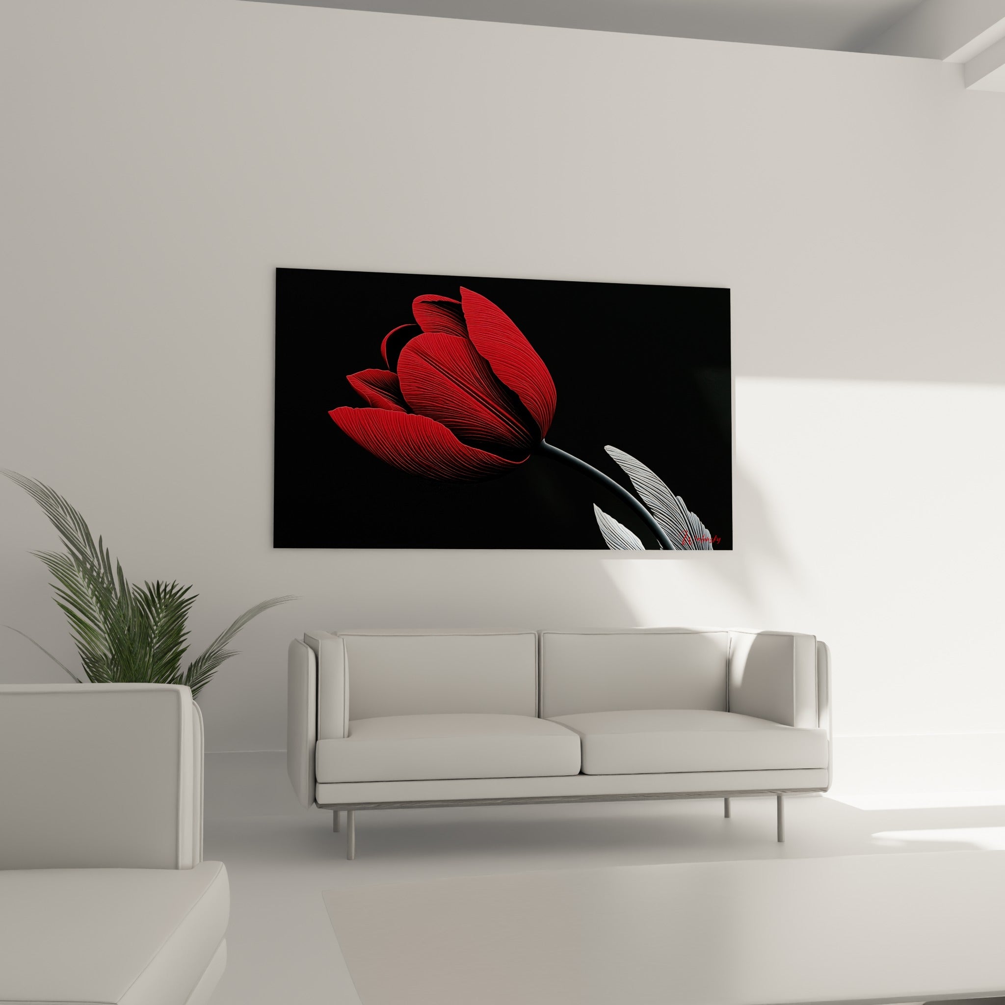 Pétales rouges texturés et tige anthracite composent ce tableau au-dessus d'un canapé dans un salon lumineux