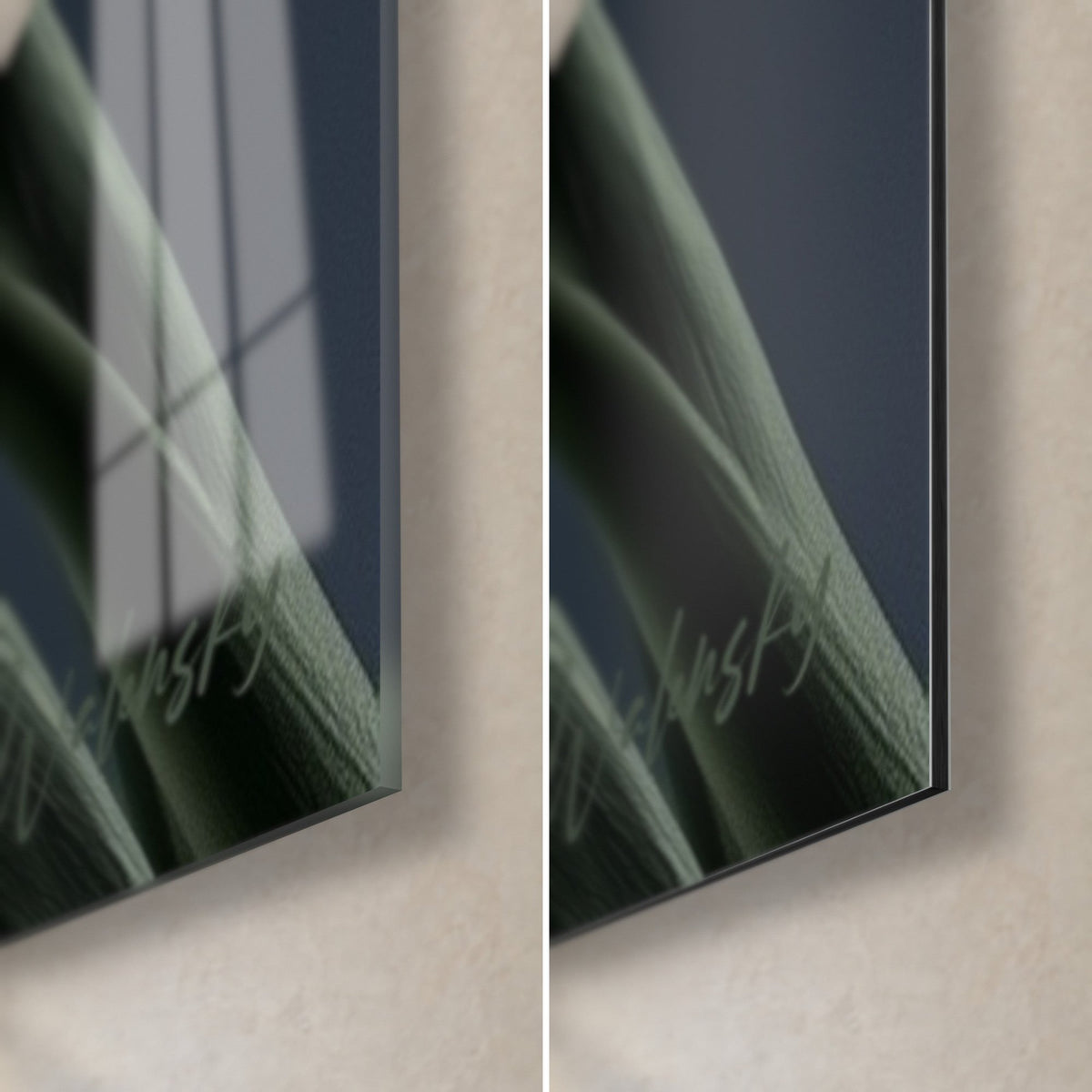 Wall art of a pink tulip bloom, dark green stem, bottom-right corner in glossy glass and matte Dibond, 3 mm edge