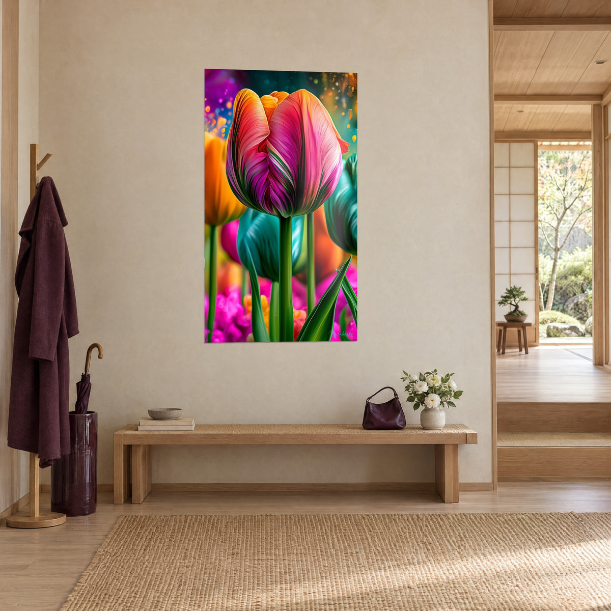 Wall art magenta and apricot bloom on a green stem, golden bokeh, on a beige wall beside a light wood bench