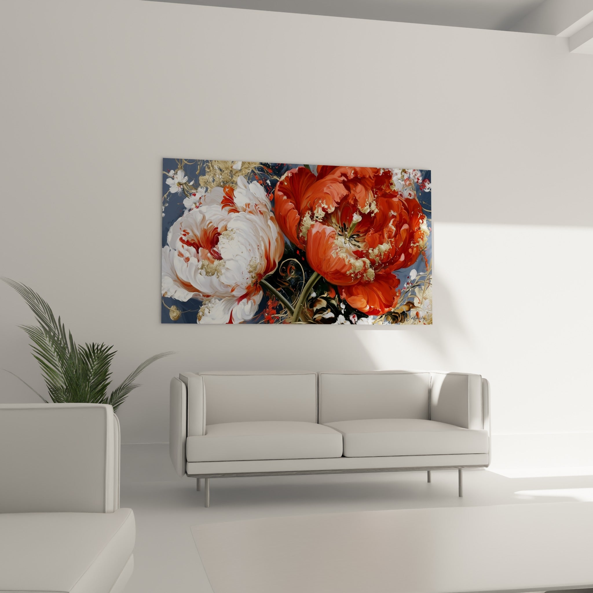 Pétales de tulipe rouge vermillon et blanc crème rehaussés d'or, au-dessus d'un canapé dans un salon lumineux