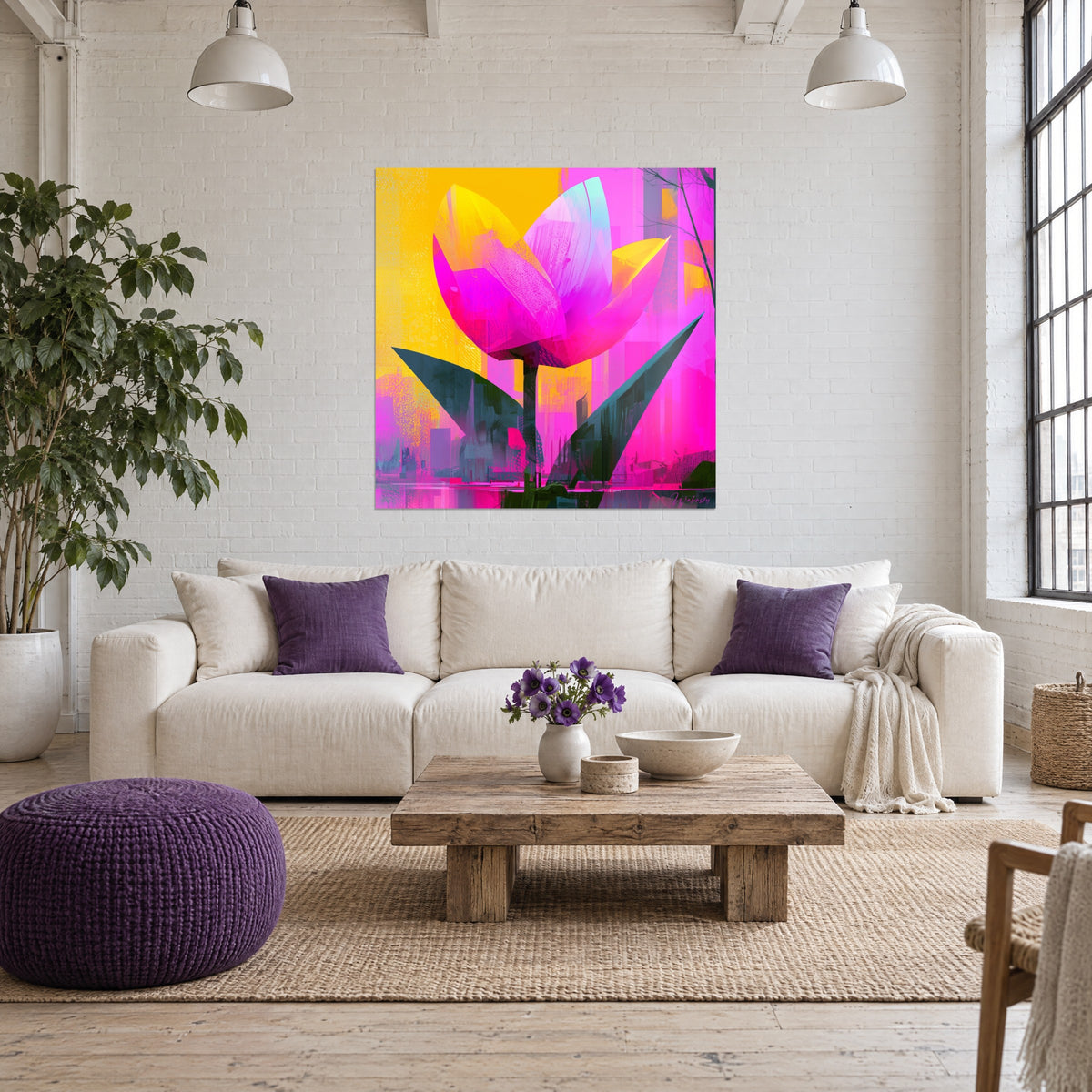 Gemälde Riesentulpe in Fuchsiapink auf safrangelbem Grund, dunkelgrüne Blätter, über einem Sofa in einem hellen Wohnzimmer