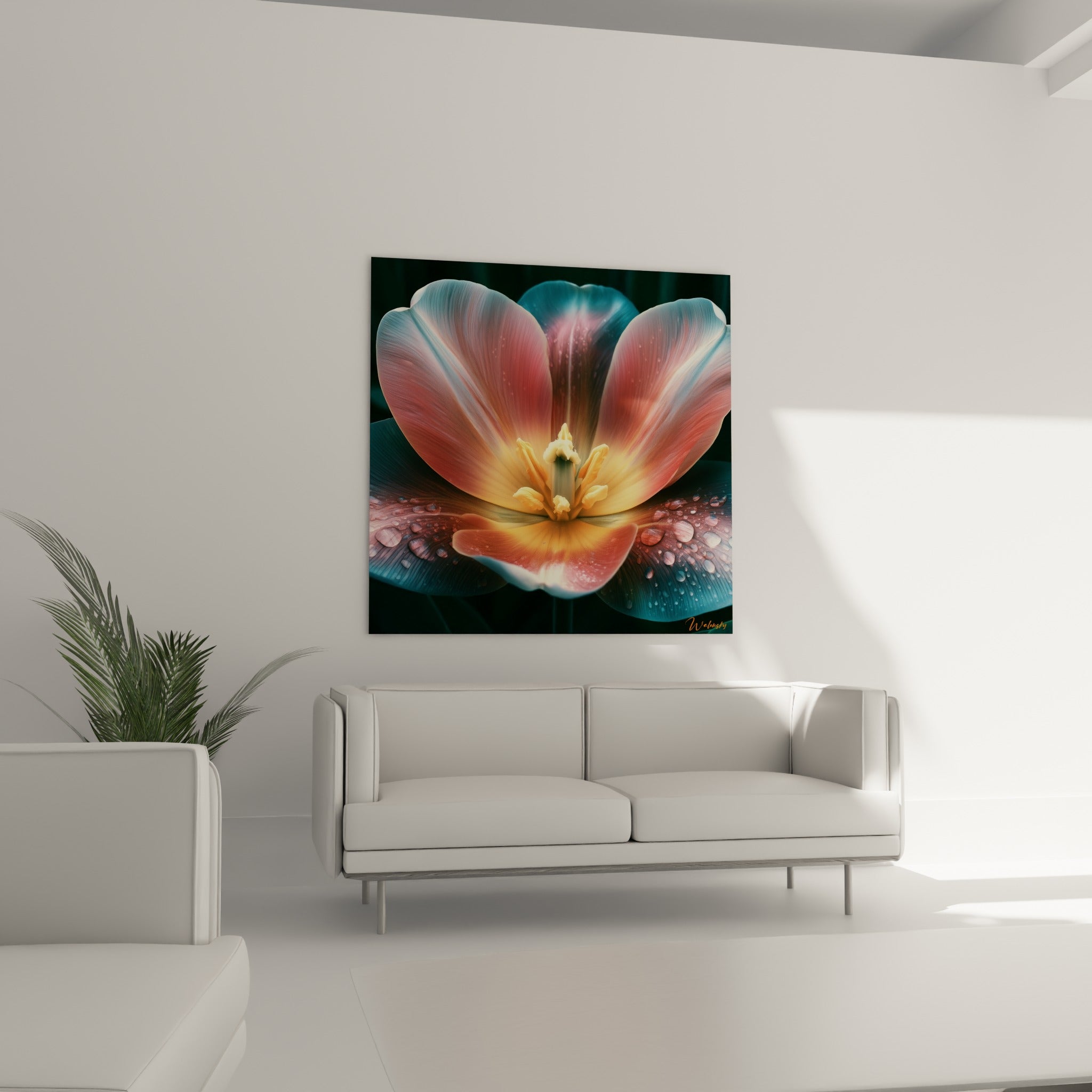 Fleur de tulipe corail et pétrole aux étamines dorées, suspendue au-dessus d'un canapé dans un salon lumineux