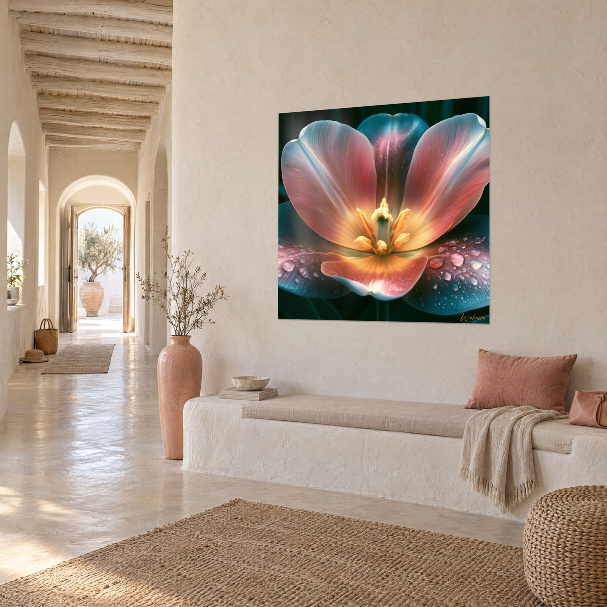 Wall art of an open flower with coral and teal petals, dewdrops, in a sunlit arched hallway