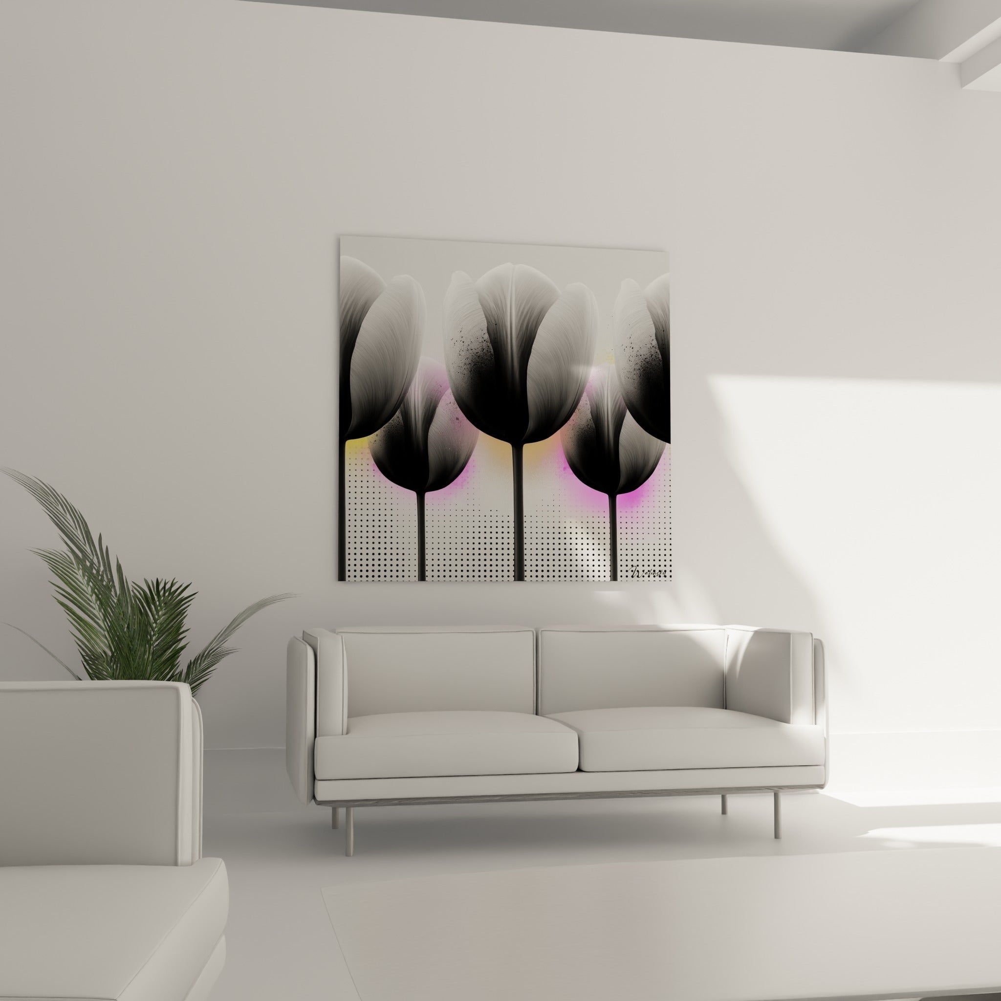 Pétales de tulipes en dégradé anthracite et rose, disposés au-dessus d'un canapé dans un salon lumineux