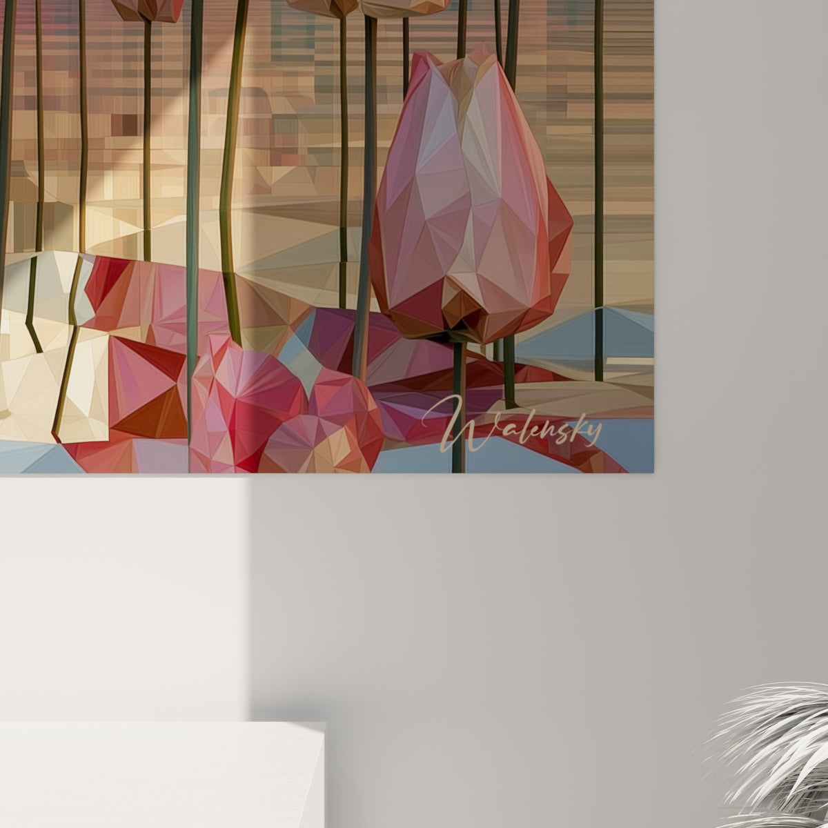 Facettes polygonales rose poudré et bleu ardoise révèlent le grain de l'impression sur toile