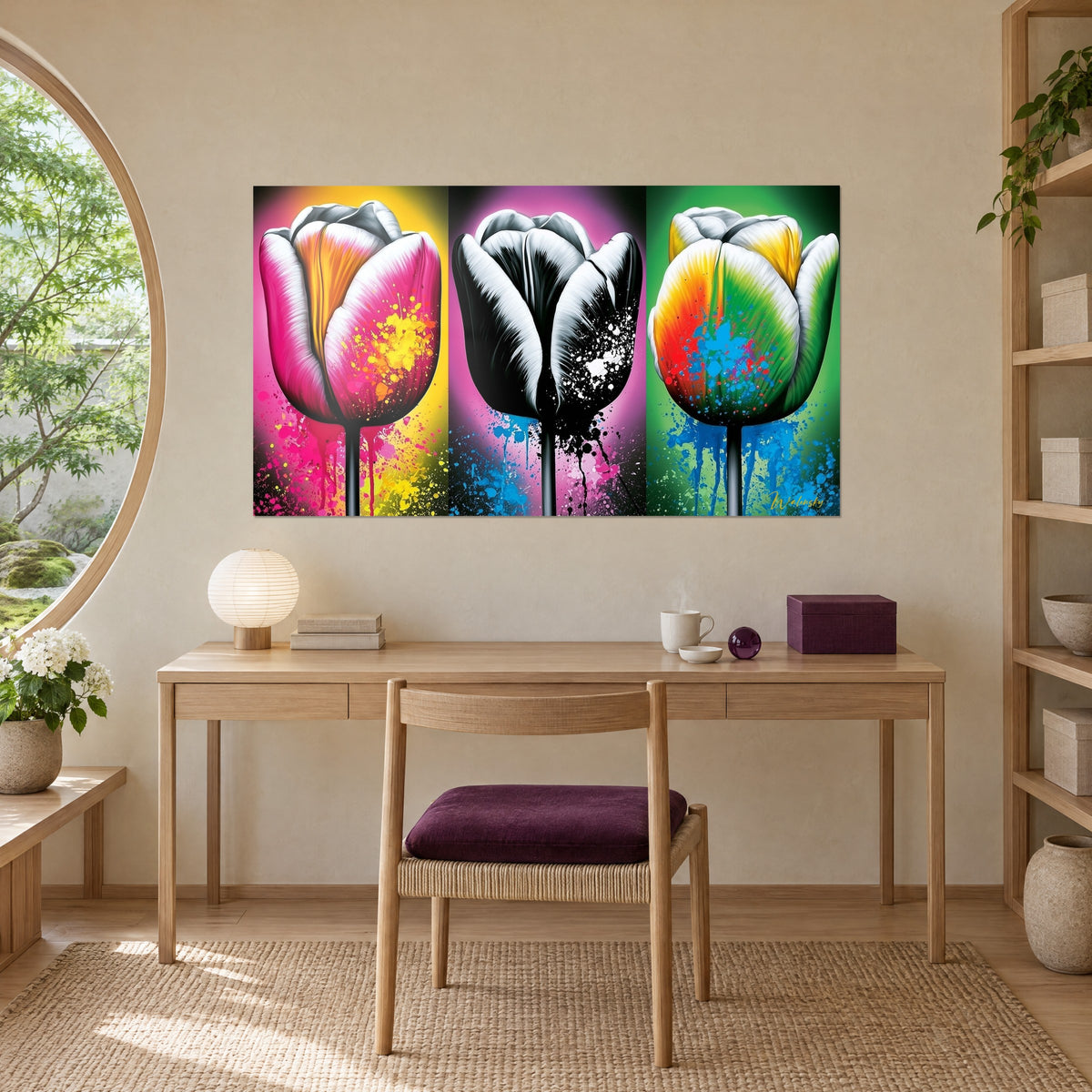 Tableau explosion florale de tulipes, rose, noir et vert éclatants, accroché au-dessus d'un bureau en bois clair avec lampe ronde