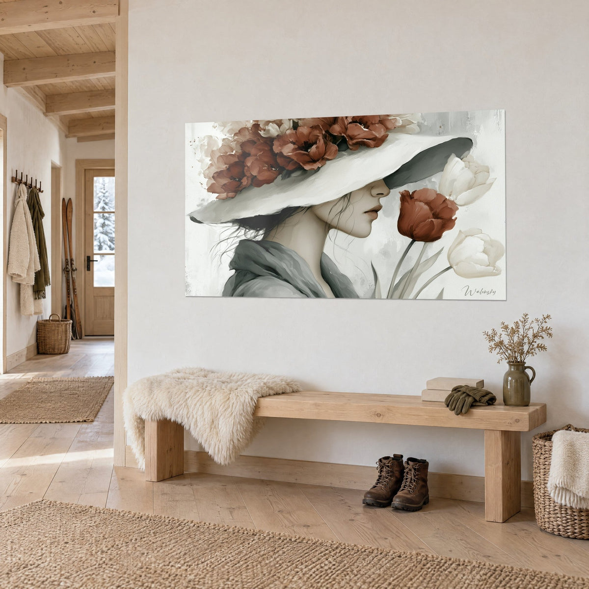Tableau portrait peint d'une élégante cachant son regard sous un chapeau ivoire fleuri de roux, mur clair d'une entrée de chalet
