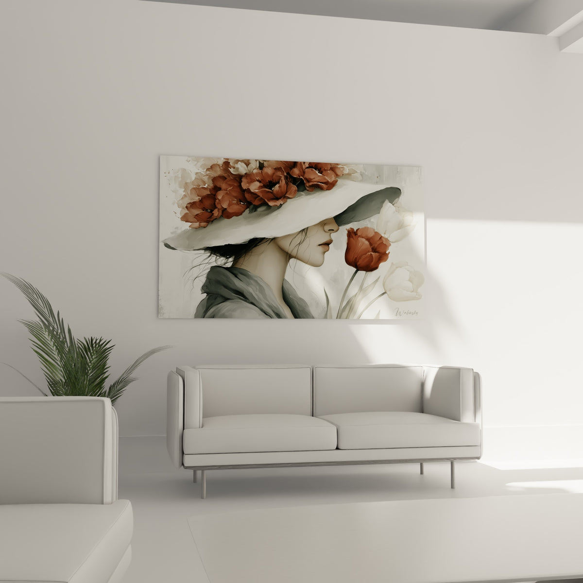 Tulipe terracotta tenue près du visage, tableau accroché au-dessus d'un canapé dans un salon lumineux