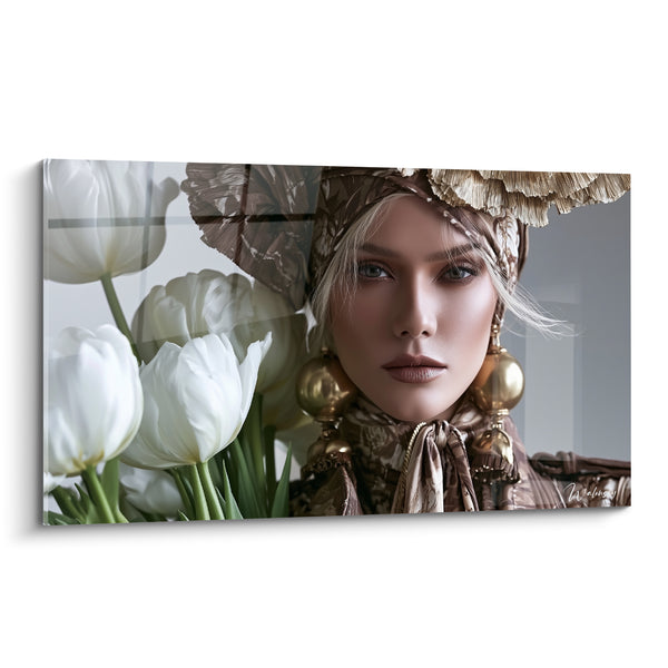 Tableau Portrait doré aux tulipes blanches - Élégance intemporelle - Edition Tulipe