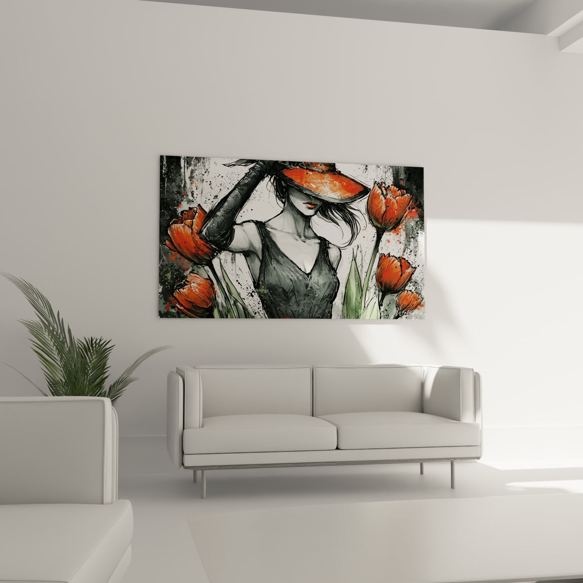 Portrait féminin au chapeau écarlate parmi les tulipes vertes, au-dessus d'un canapé dans un salon lumineux
