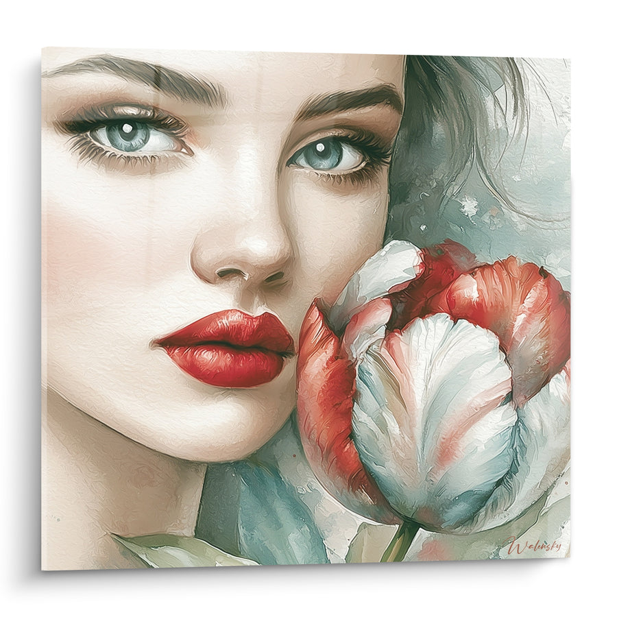 Tableau Visage de femme aux lèvres rouges et tulipe blanche - Regard suspendu - Edition Tulipe