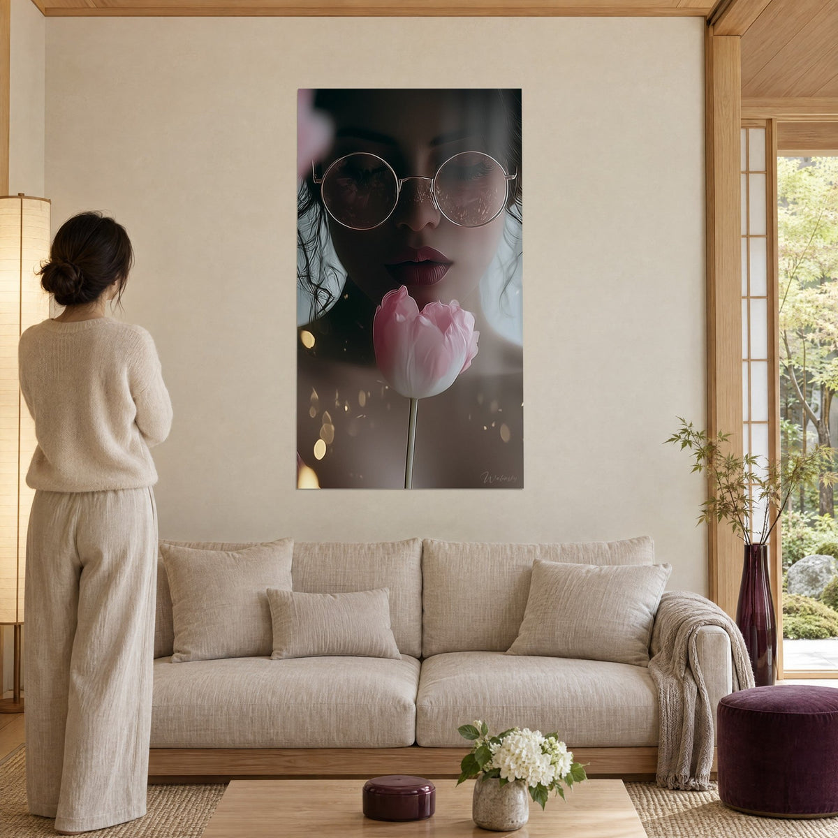 Cuadro retrato de mujer con gafas sosteniendo un tulipán rosa, labios burdeos y bokeh dorado, de espaldas sobre un sofá en un salón luminoso