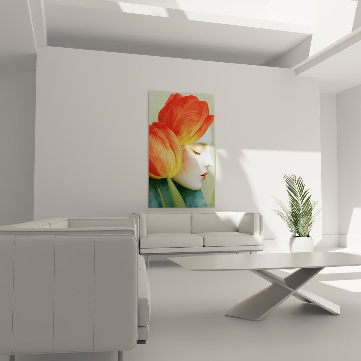Pétales orangés et visage ivoire se fondant en douceur, tableau Tulipe au-dessus d'un canapé dans un salon lumineux