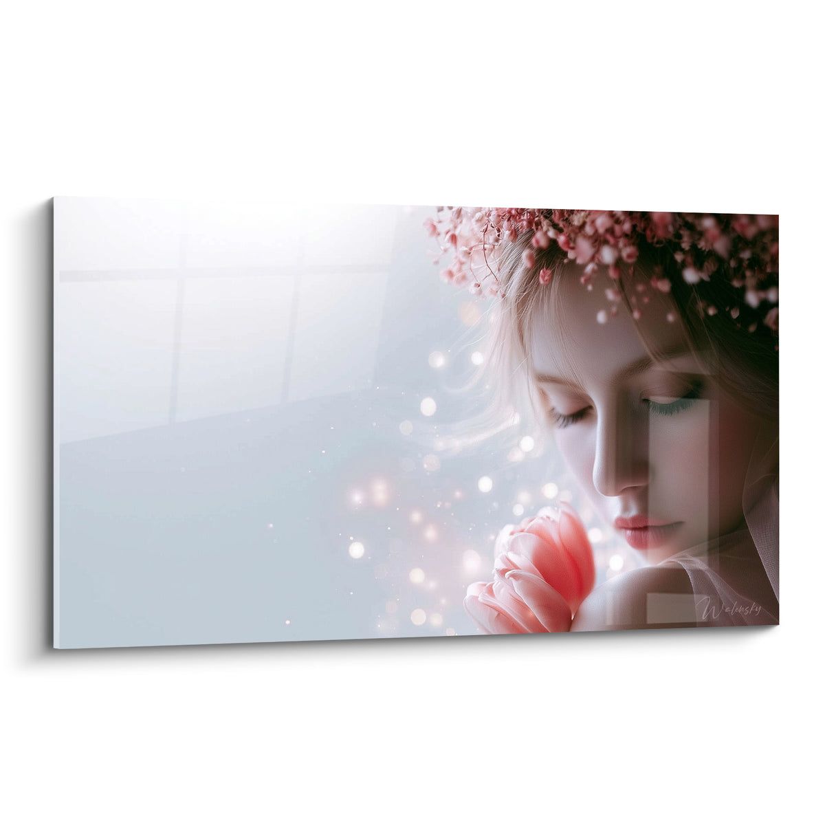 Tulipe rose tenue près du visage, couronne florale rose et blanche, lumière vaporeuse.