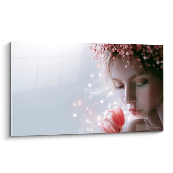 Tableau Portrait couronne fleurs roses et blanches - Rêverie printanière - Edition Tulipe