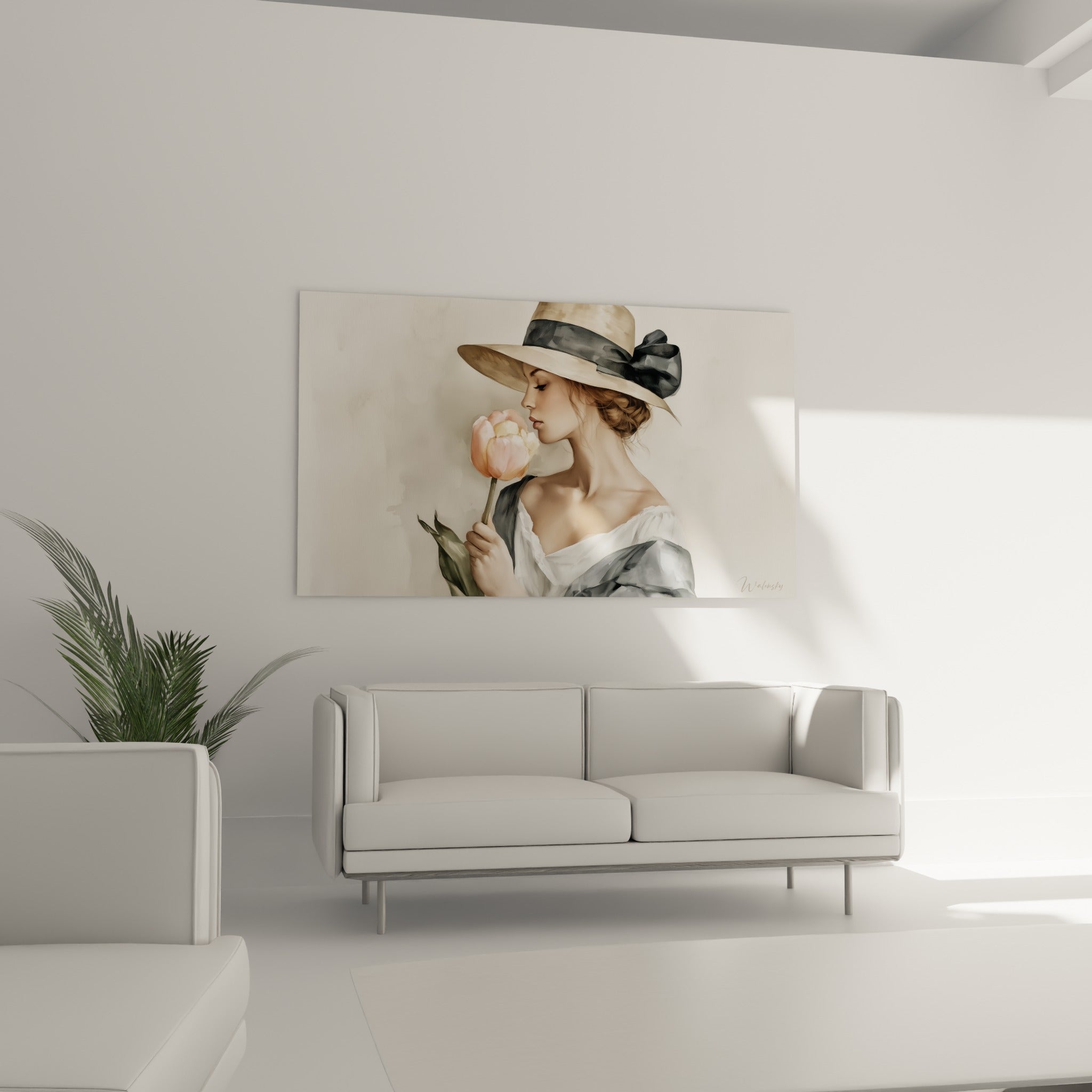 Portrait aquarelle d'une femme et sa tulipe rose, suspendu au-dessus d'un canapé dans un salon lumineux