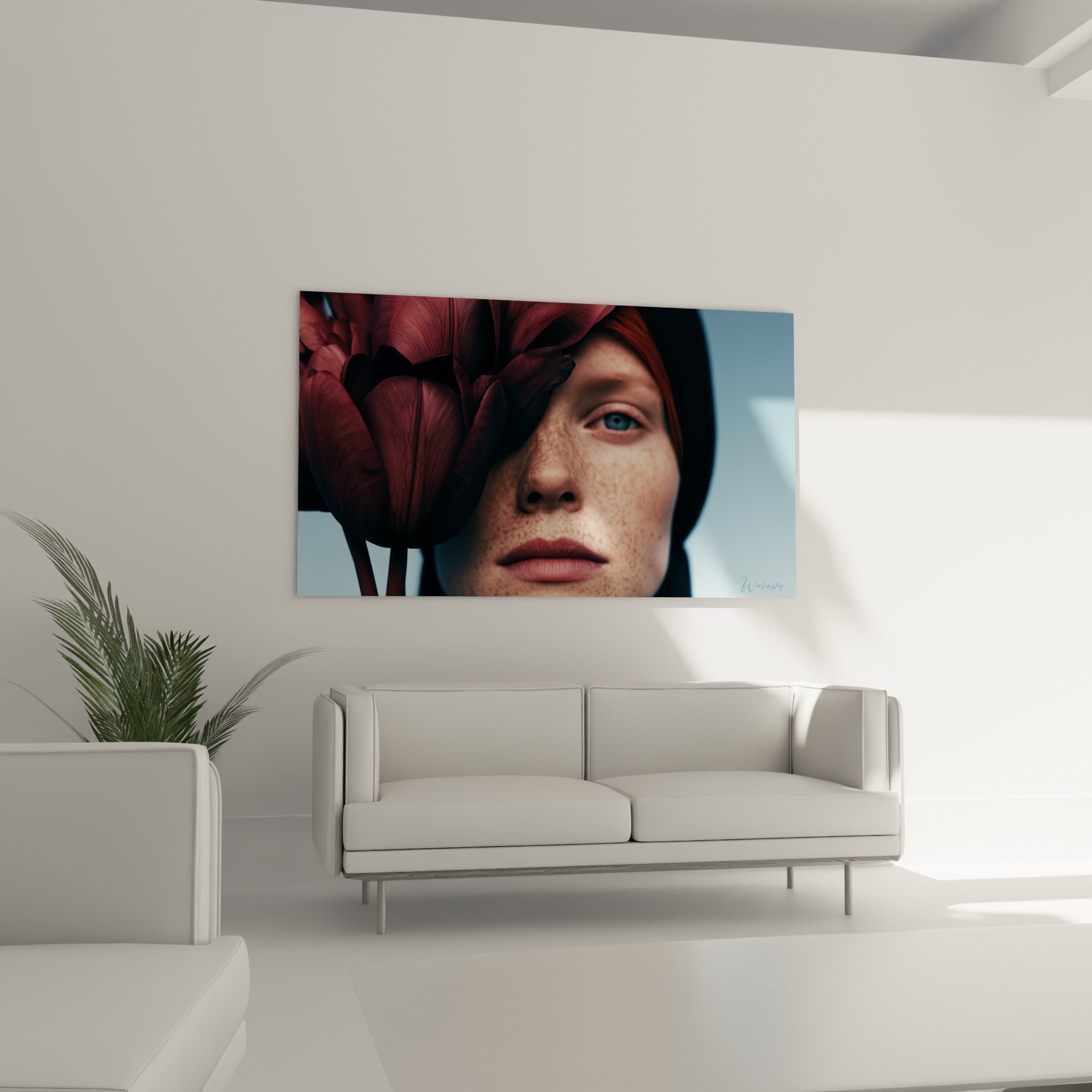 Visage aux taches de rousseur et pétales pourpres affichés au-dessus d'un canapé dans un salon lumineux