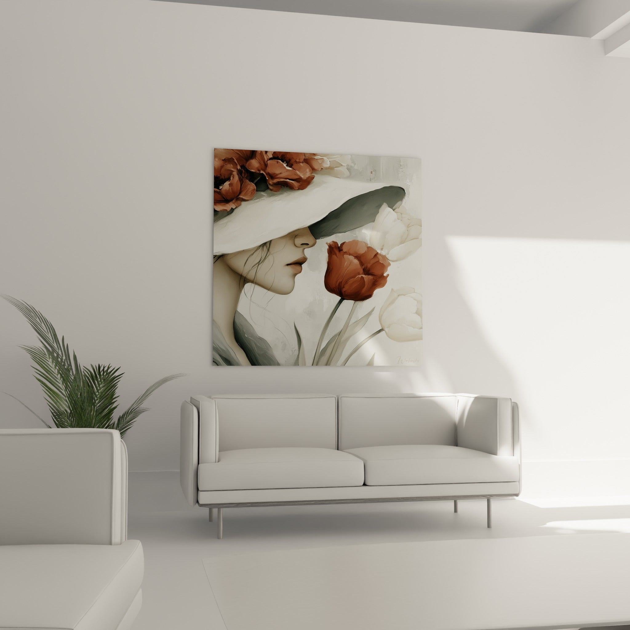 Portrait voilé aux tulipes blanches et terracotta, au-dessus d'un canapé dans un salon lumineux