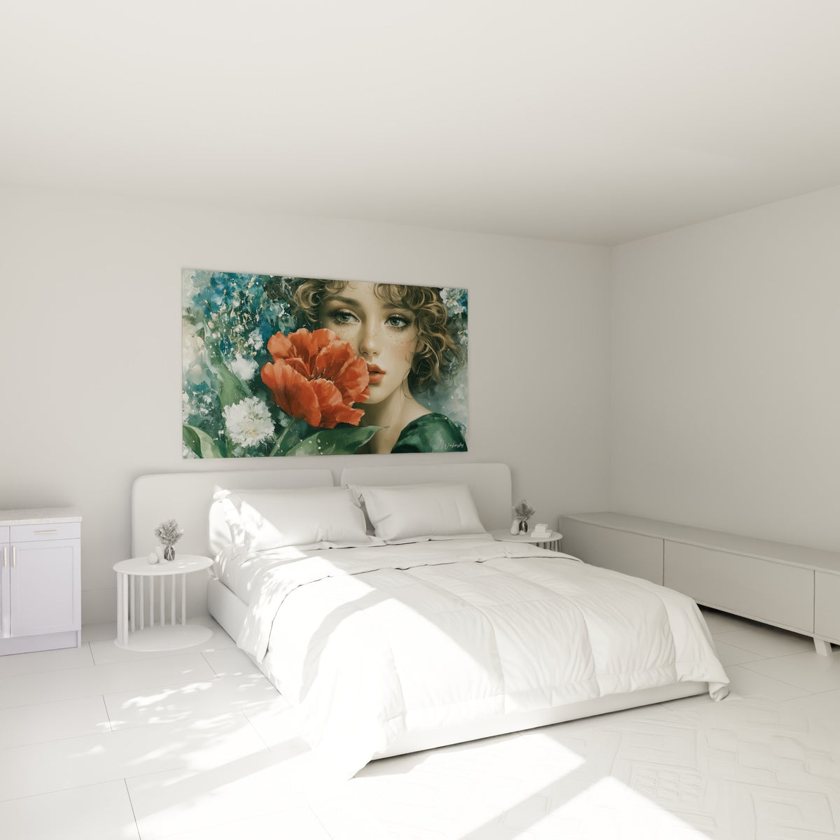 Jeune femme et tulipe rouge peintes en teintes bleu pastel, au-dessus d'un lit dans une chambre claire