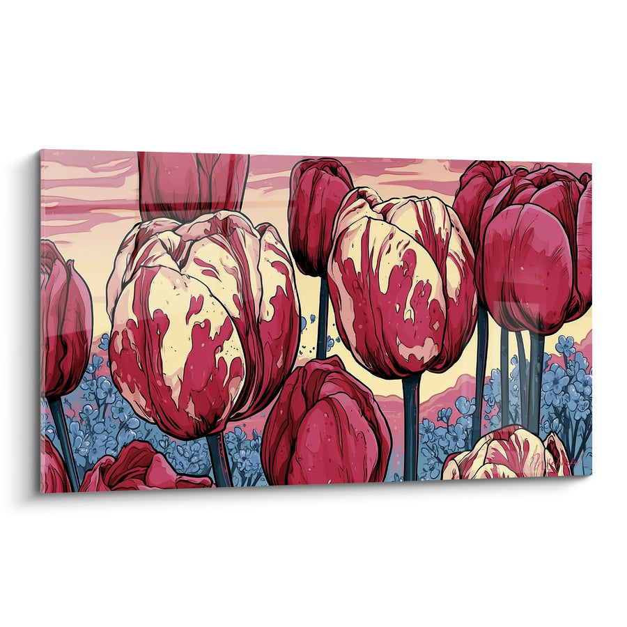 Tableau Tulipes pourpres et crème aux tiges noires - Petites fleurs bleues en fond - Edition Tulipe