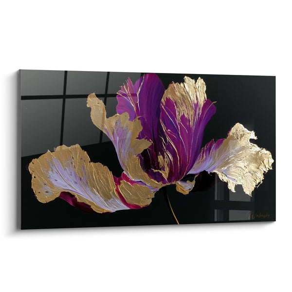 Tableau Tulipe pourpre et dorée aux pétales texturés - Reflet vitré sombre - Edition Tulipe