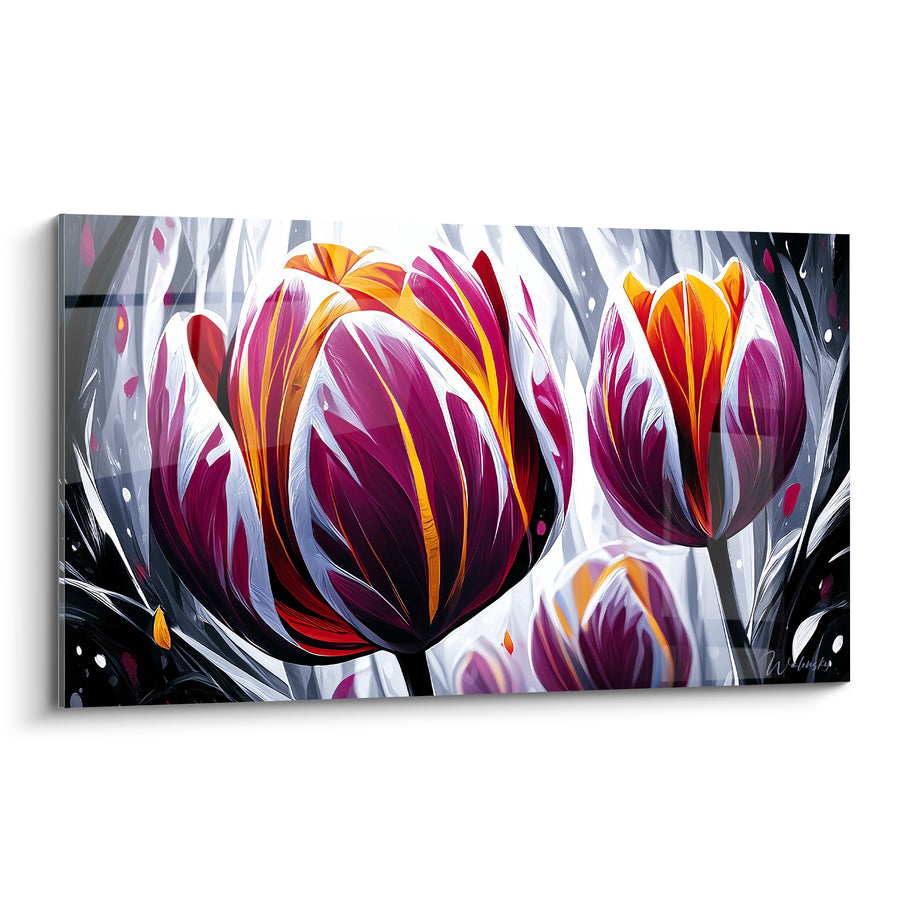 Tableau Tulipes pourpres aux flammes dorées - Éclosion incandescente - Edition Tulipe
