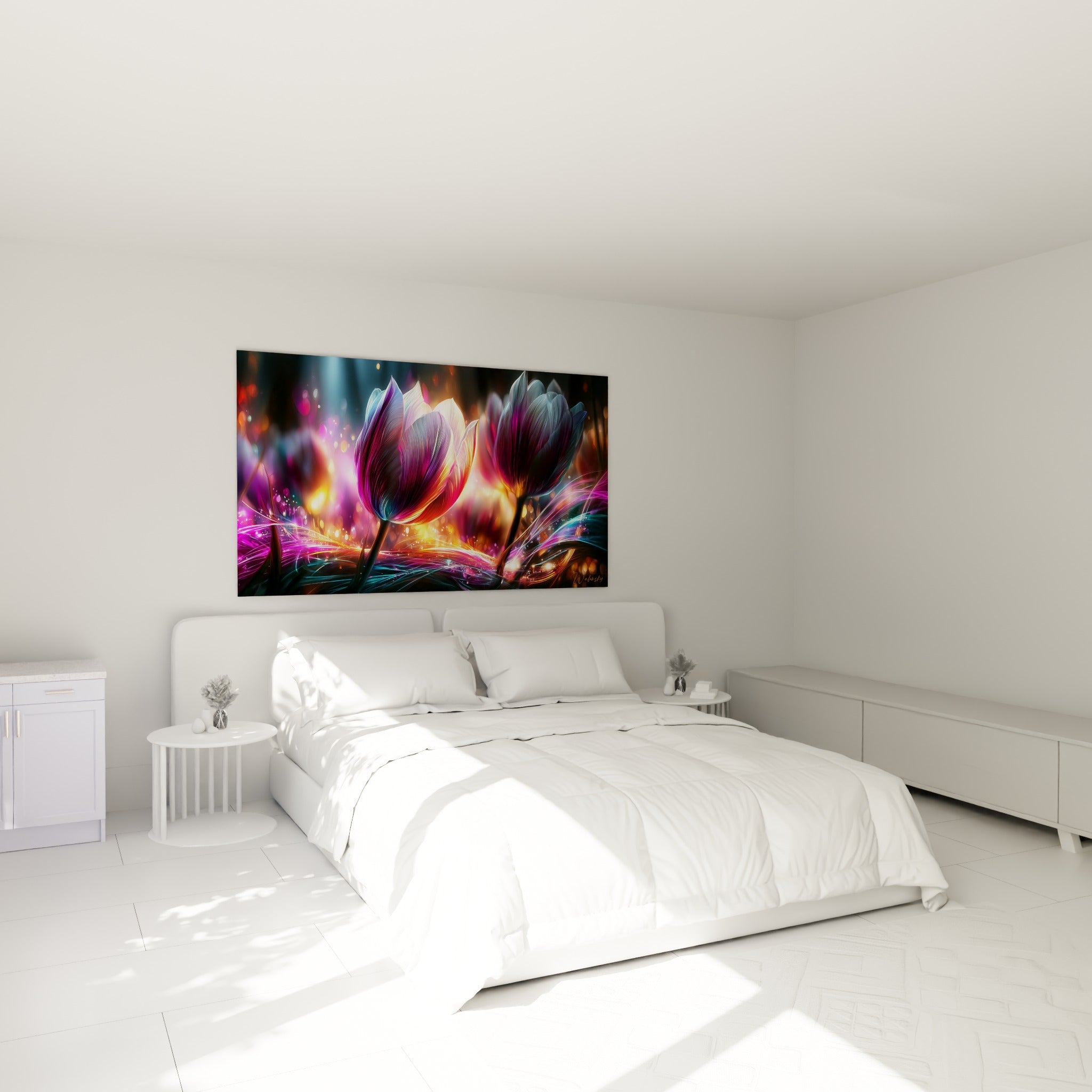 Tulipes pourpres illuminées de reflets dorés accrochées au-dessus d'un lit dans une chambre claire
