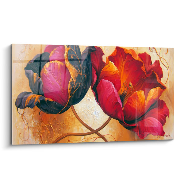 Tableau Tulipes pourpres et rouges aux veines dorées - Floraison flamboyante - Edition Tulipe