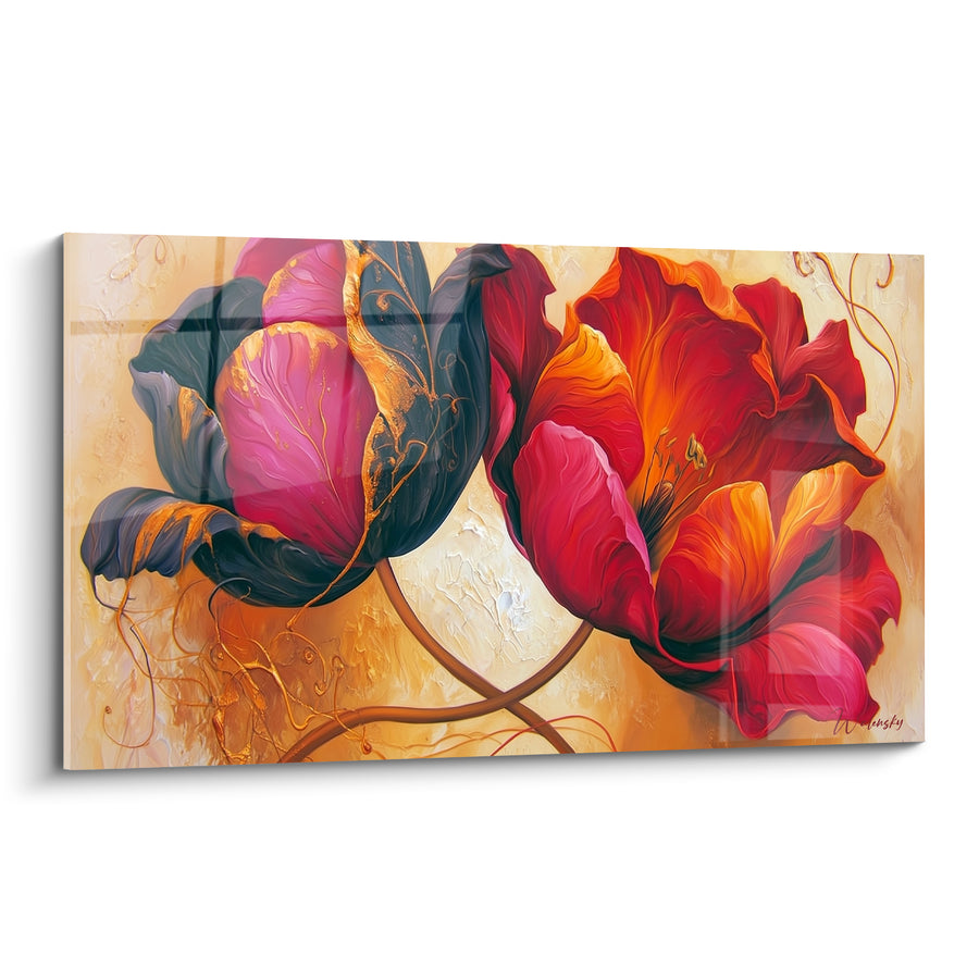 Tableau Tulipes pourpres et rouges aux veines dorées - Floraison flamboyante - Edition Tulipe