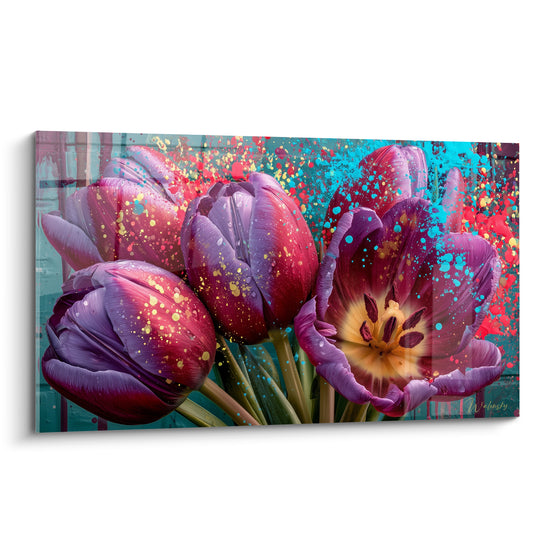 Tulipes pourpres et violettes éclaboussées de turquoise et doré, pétales veloutés en pleine floraison