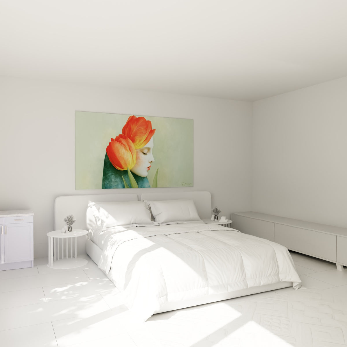 Portrait floral orangé et vert sauge de Tulipe, accroché au-dessus d'un lit dans une chambre claire