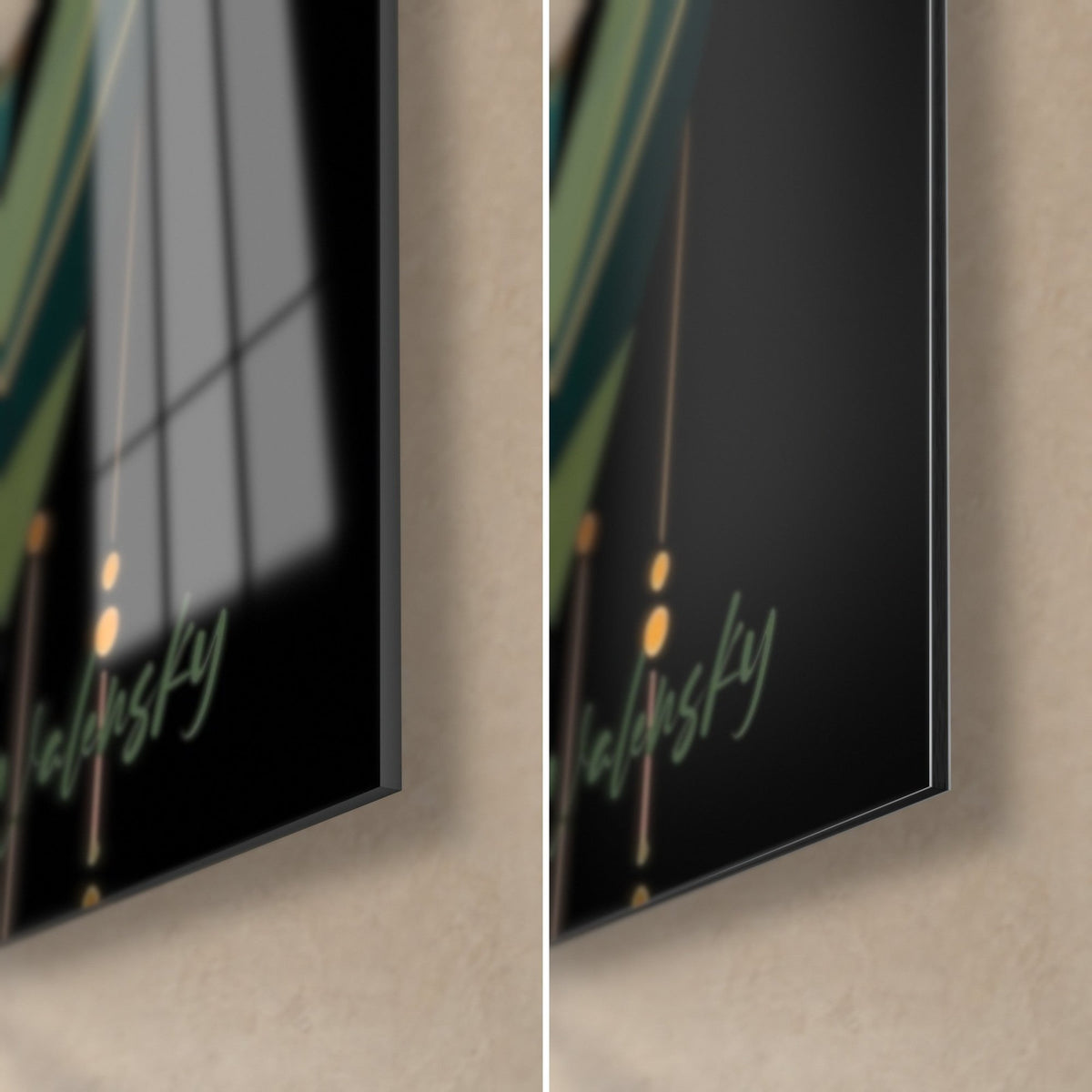 Quadro tulipani geometrici, angolo in basso a destra: vetro nero lucido che riflette la finestra, Dibond verde opaco, firma dorata, spessore 3 mm