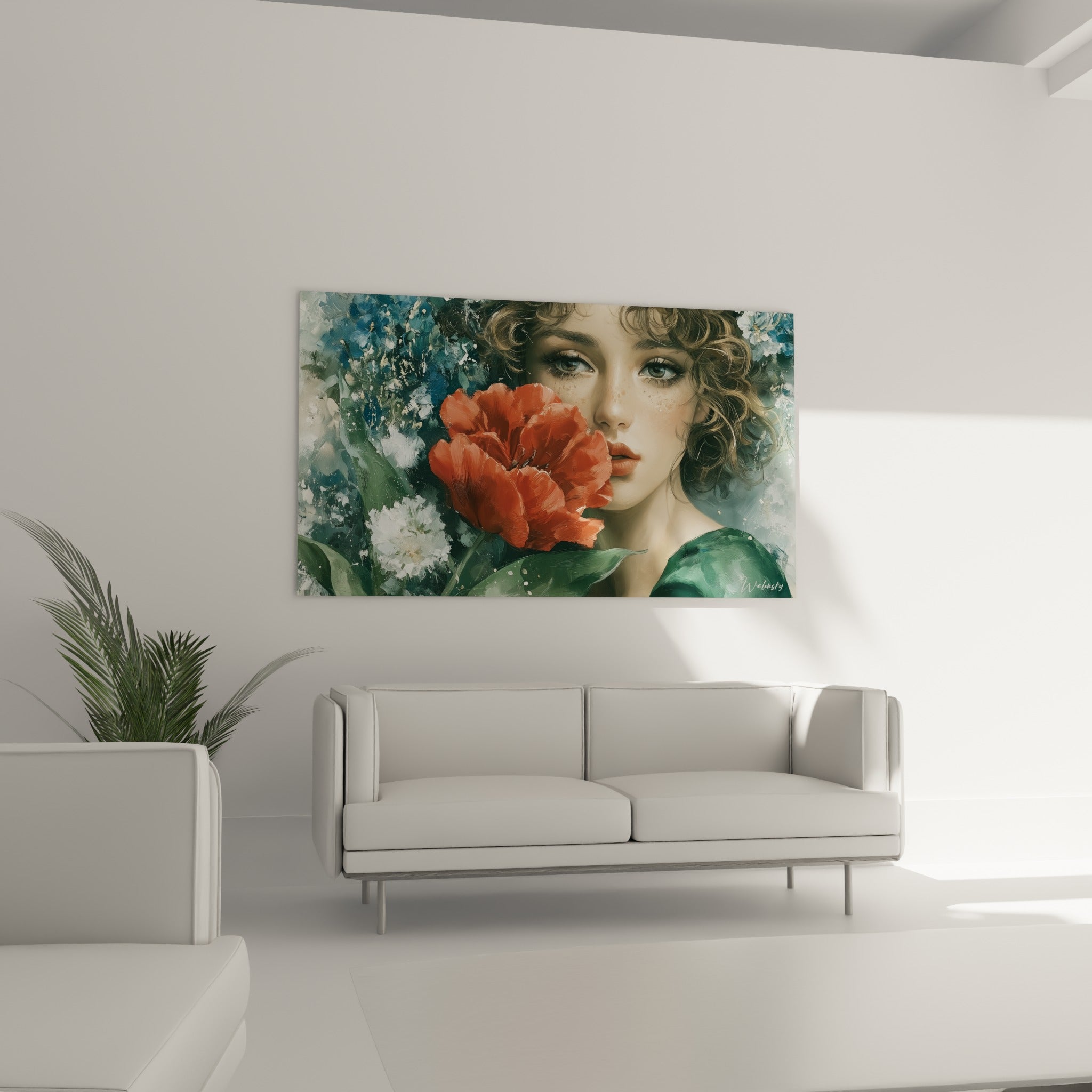 Regard clair et fleur écarlate se détachent sur fond vert sauge, au-dessus d'un canapé dans un salon lumineux