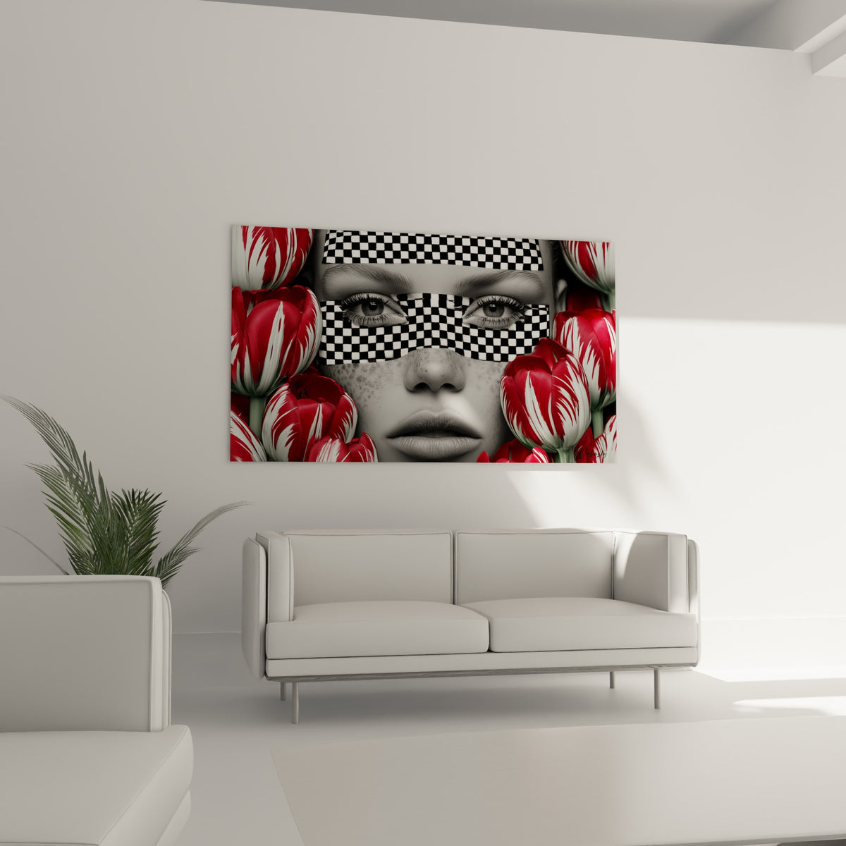 Regard perçant sous un bandeau damier, tulipes rouges vives, au-dessus d'un canapé dans un salon lumineux
