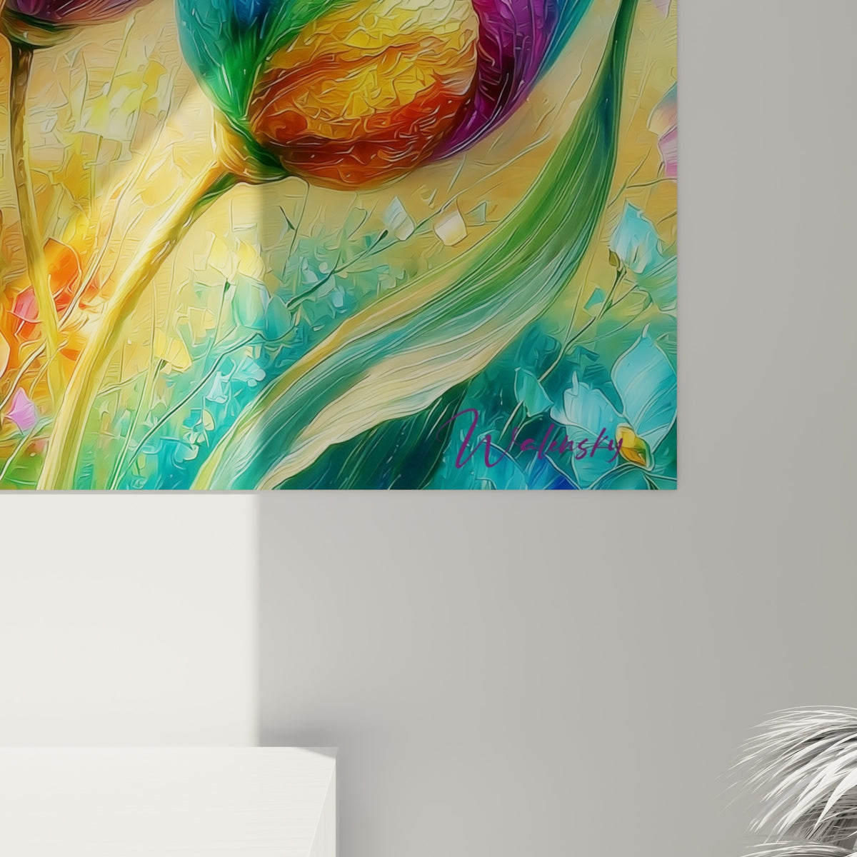 Pétales de tulipe en gros relief, mêlant turquoise, orangé et violet dans une matière épaisse et sculptée