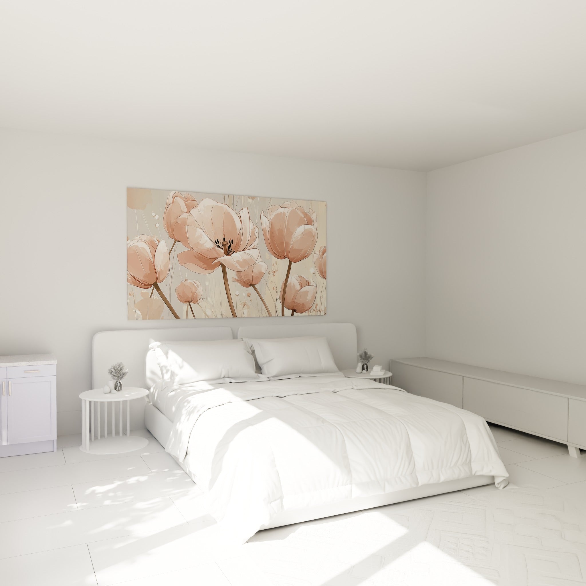 Bouquet de tulipes roses et brunes accroché au-dessus d'un lit dans une chambre claire
