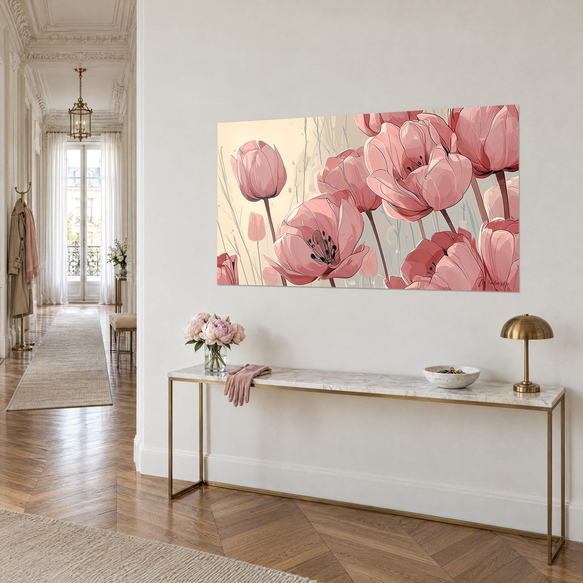 Tableau bouquet de corolles rose poudré sur fond ivoire et gris perle, au-dessus d'une console dorée dans l'entrée