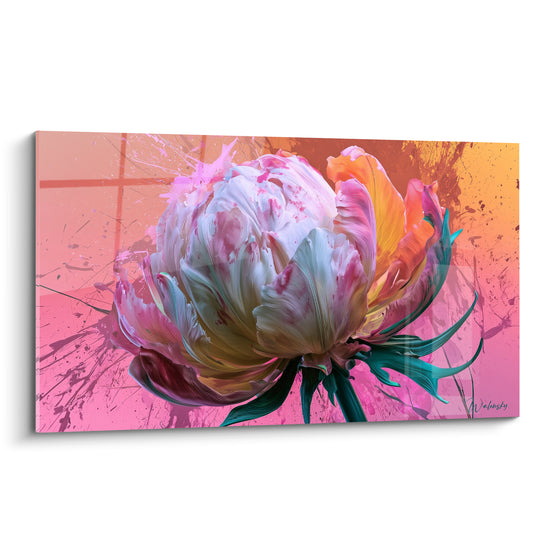 Tulipe blanche et rose aux pétales éclatants, fond orangé et rose avec éclaboussures artistiques
