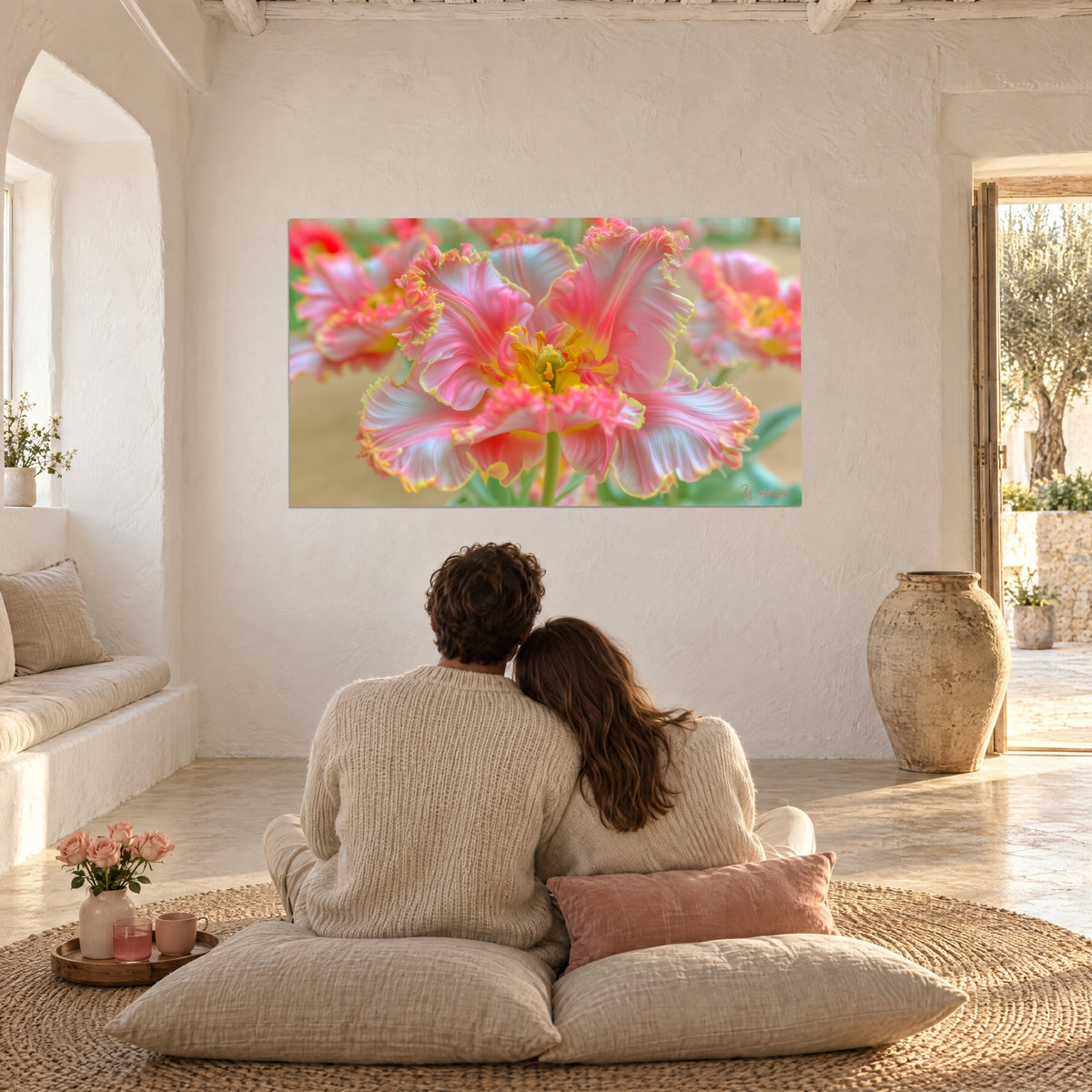Wall art bubblegum pink and pearly white ruffled tulip petals, yellow center, in front of a couple seen from behind on cushions