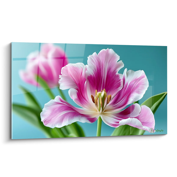 Tableau Tulipe rose et blanche aux pétales veinés - Étamines dorées au centre - Edition Tulipe